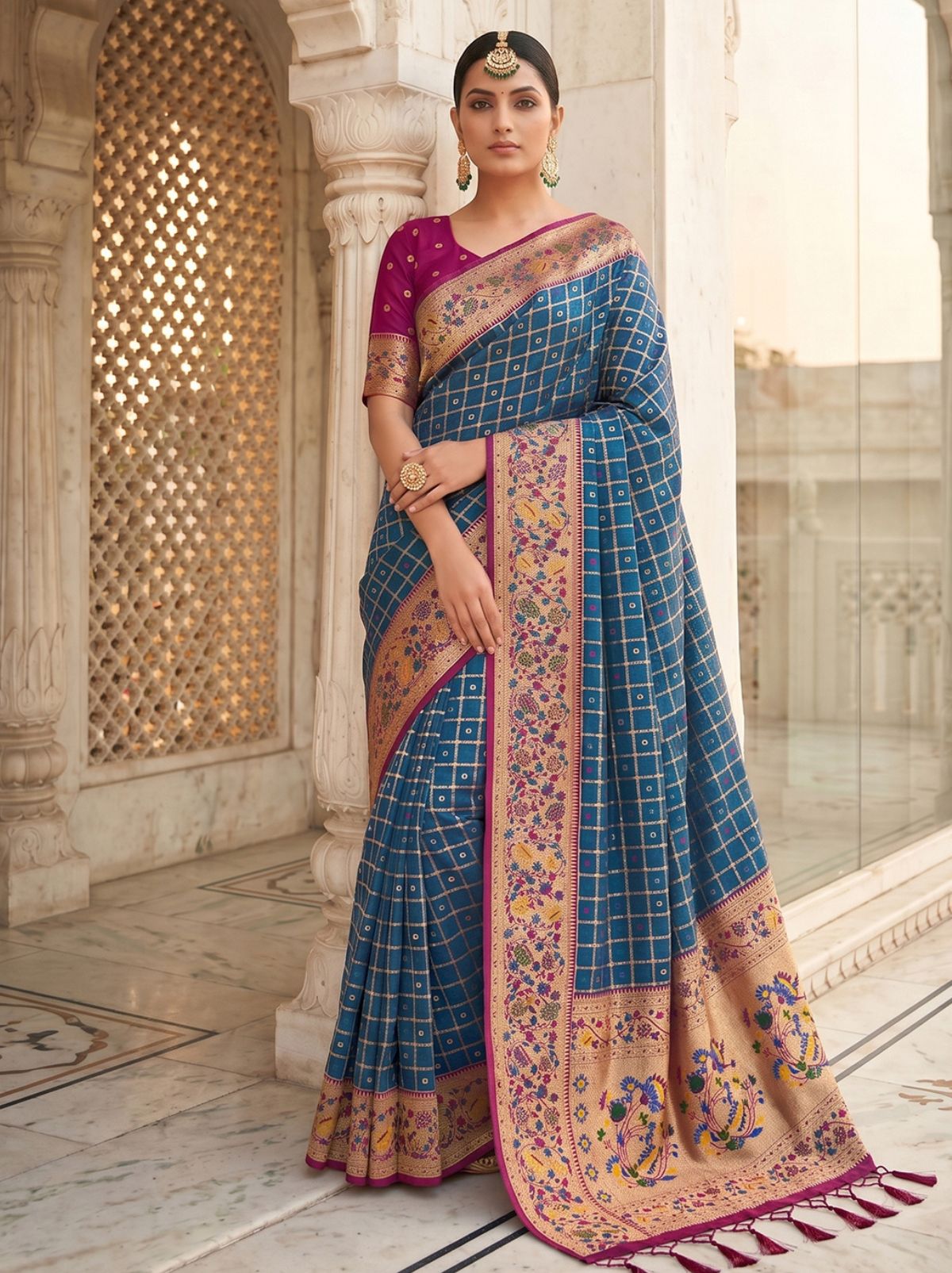 Yale Blue Premium Banarasi Silk Saree With Tassels Work