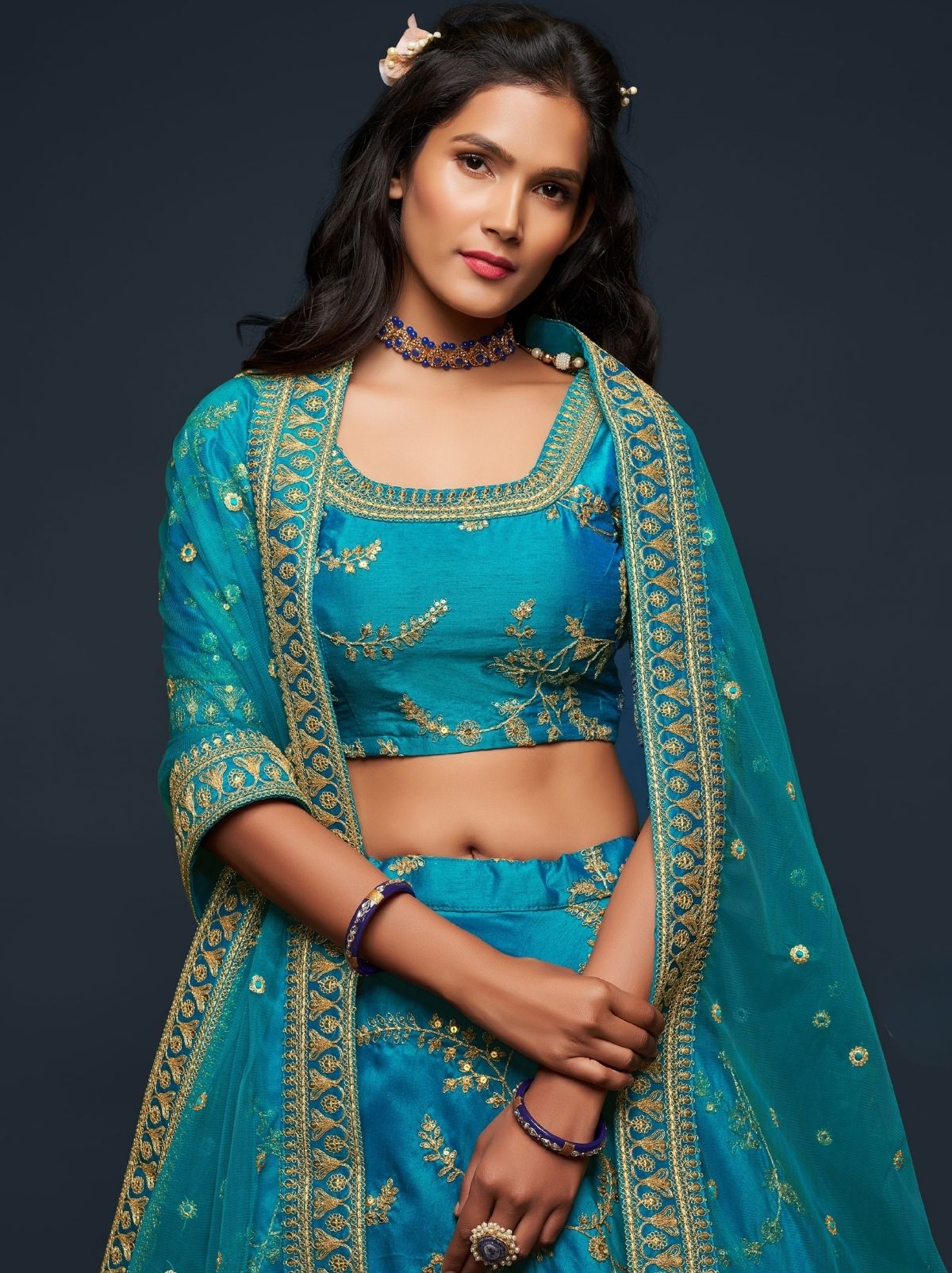 Azure Blue Premium Celebration Lehenga Set With Sequin & Zari Work