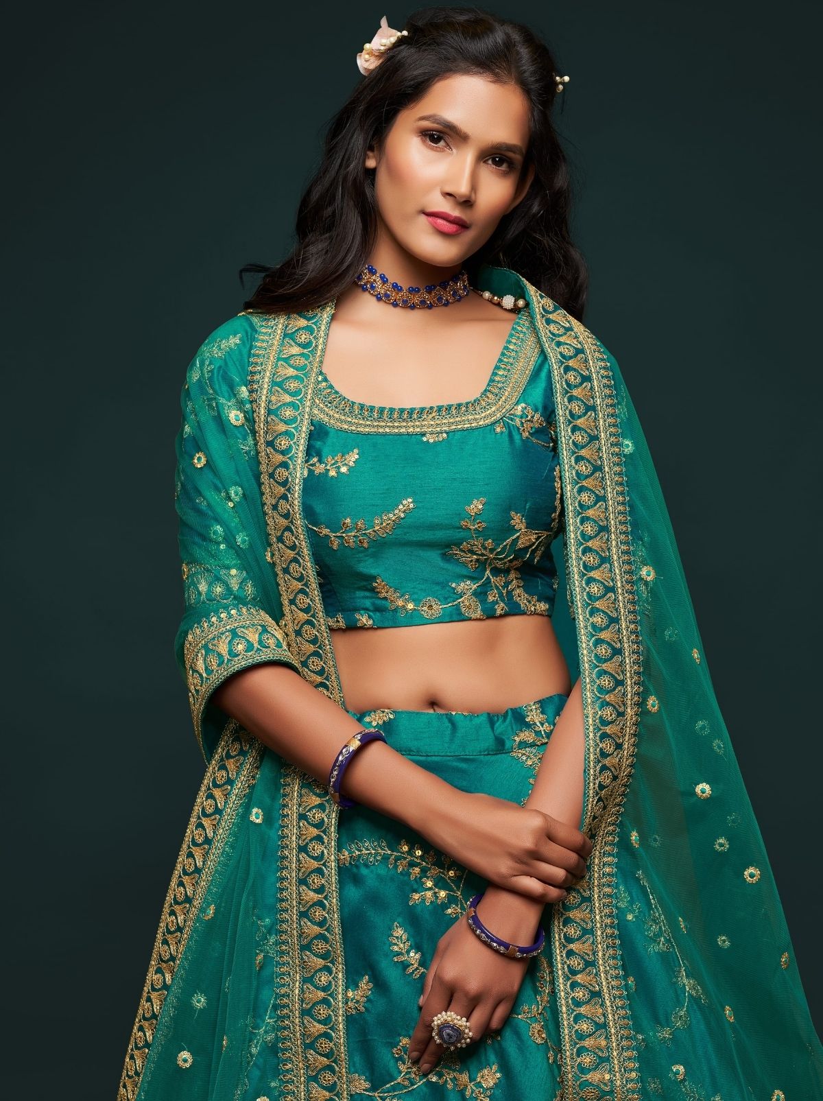 Teal Blue Premium Celebration Lehenga Set With Sequin & Zari Work