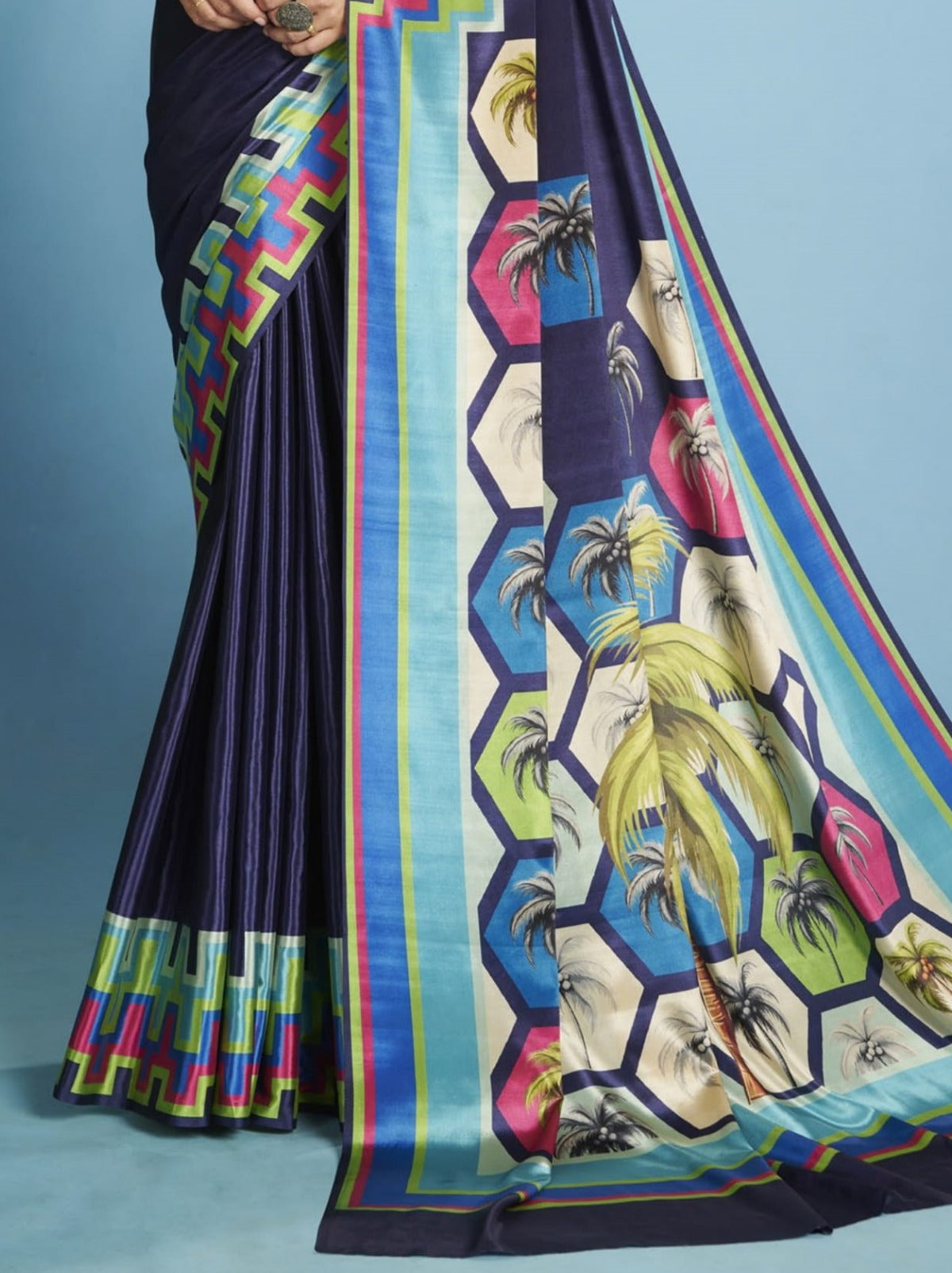 Space Blue Premium Crepe Silk Saree With Abstract Print