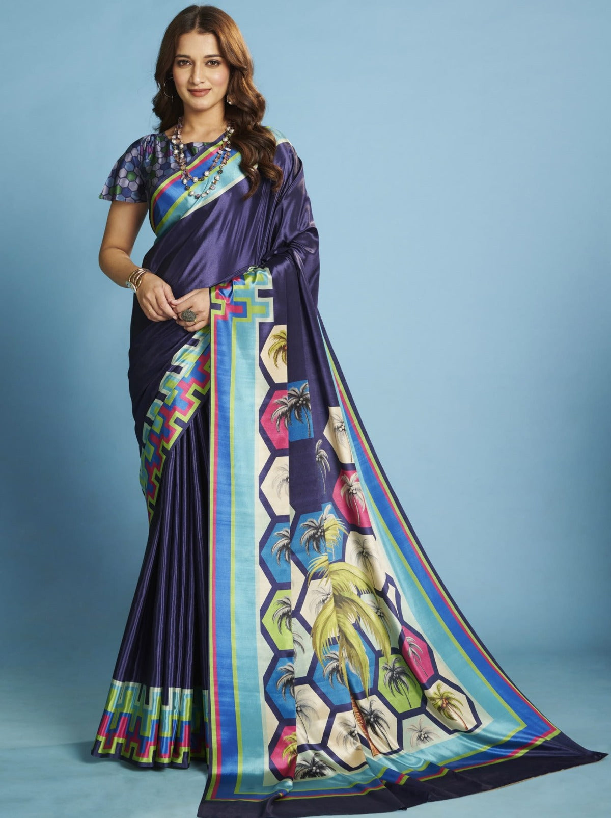 Space Blue Premium Crepe Silk Saree With Abstract Print