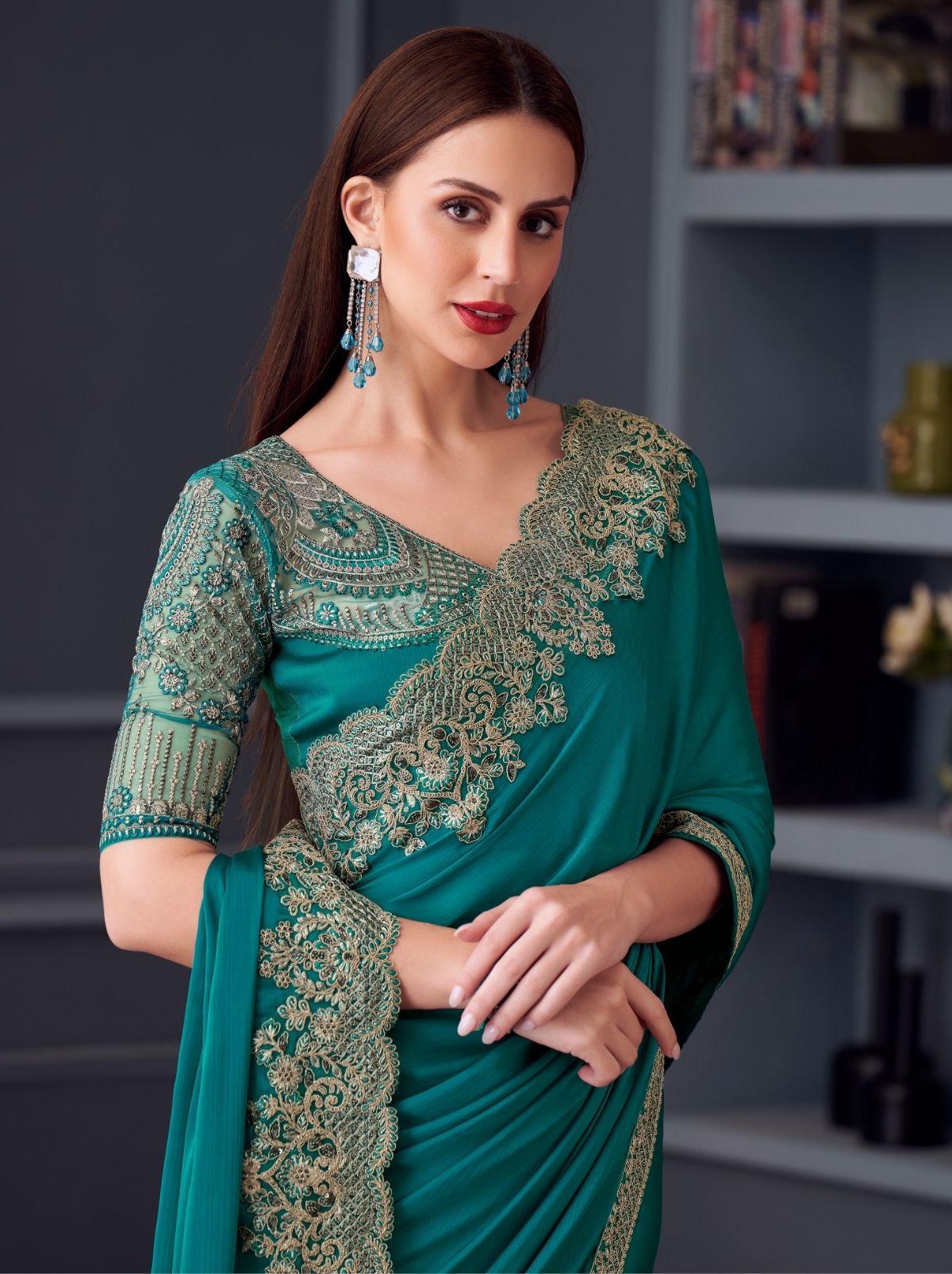Sapphire Blue Party Designer Saree - TrendOye