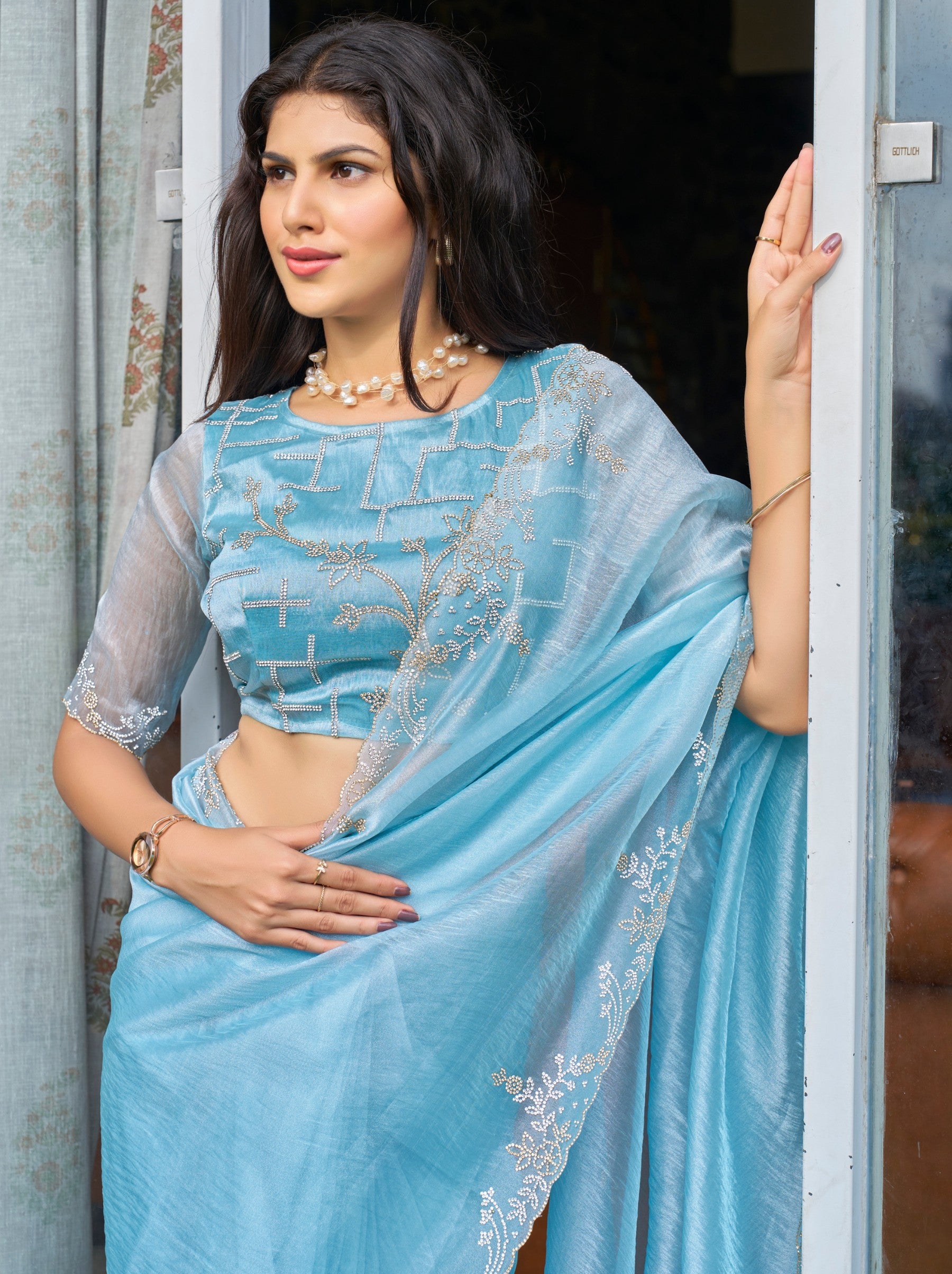 Sky Blue Celebration Saree - TrendOye