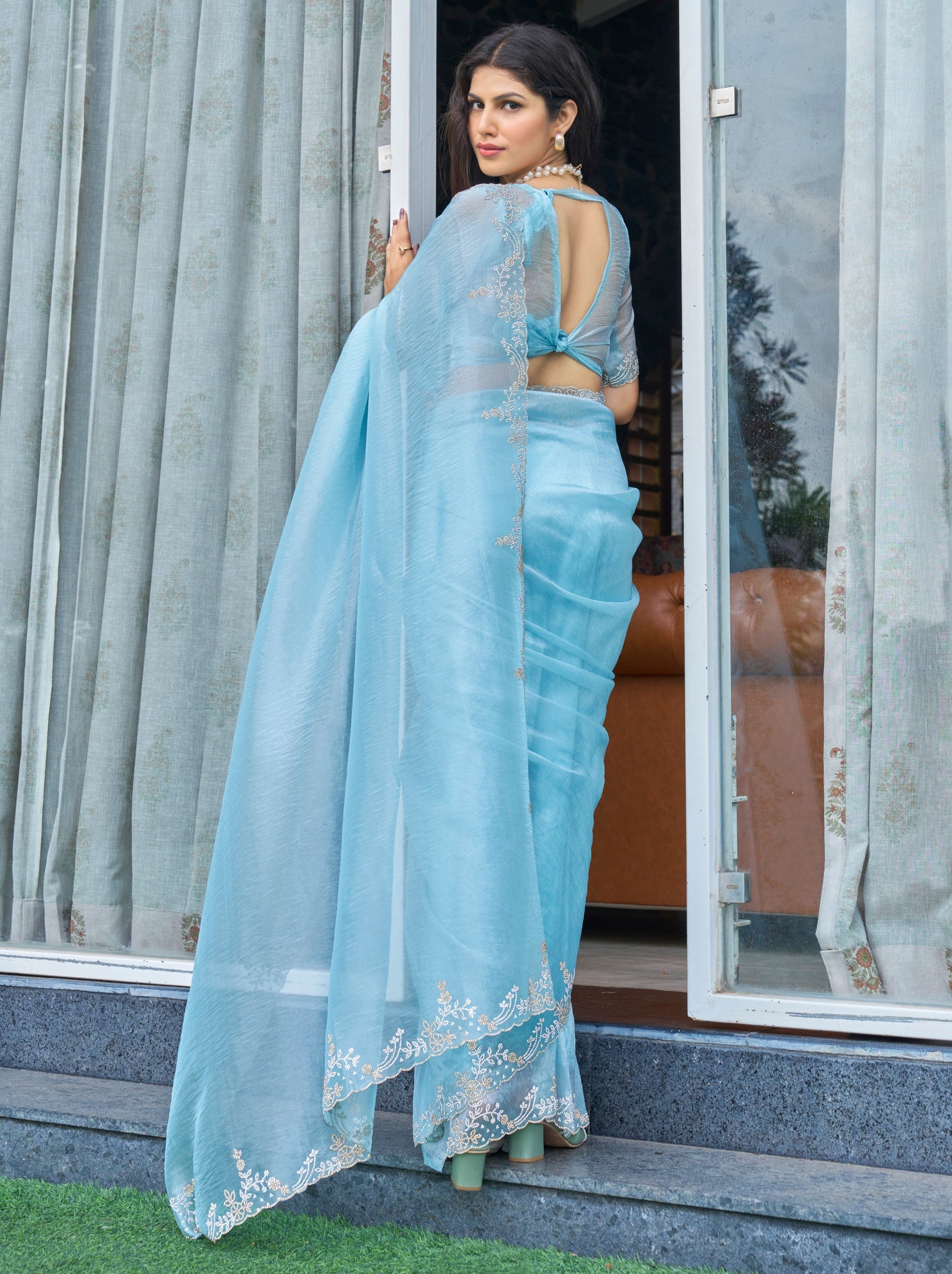 Sky Blue Celebration Saree - TrendOye