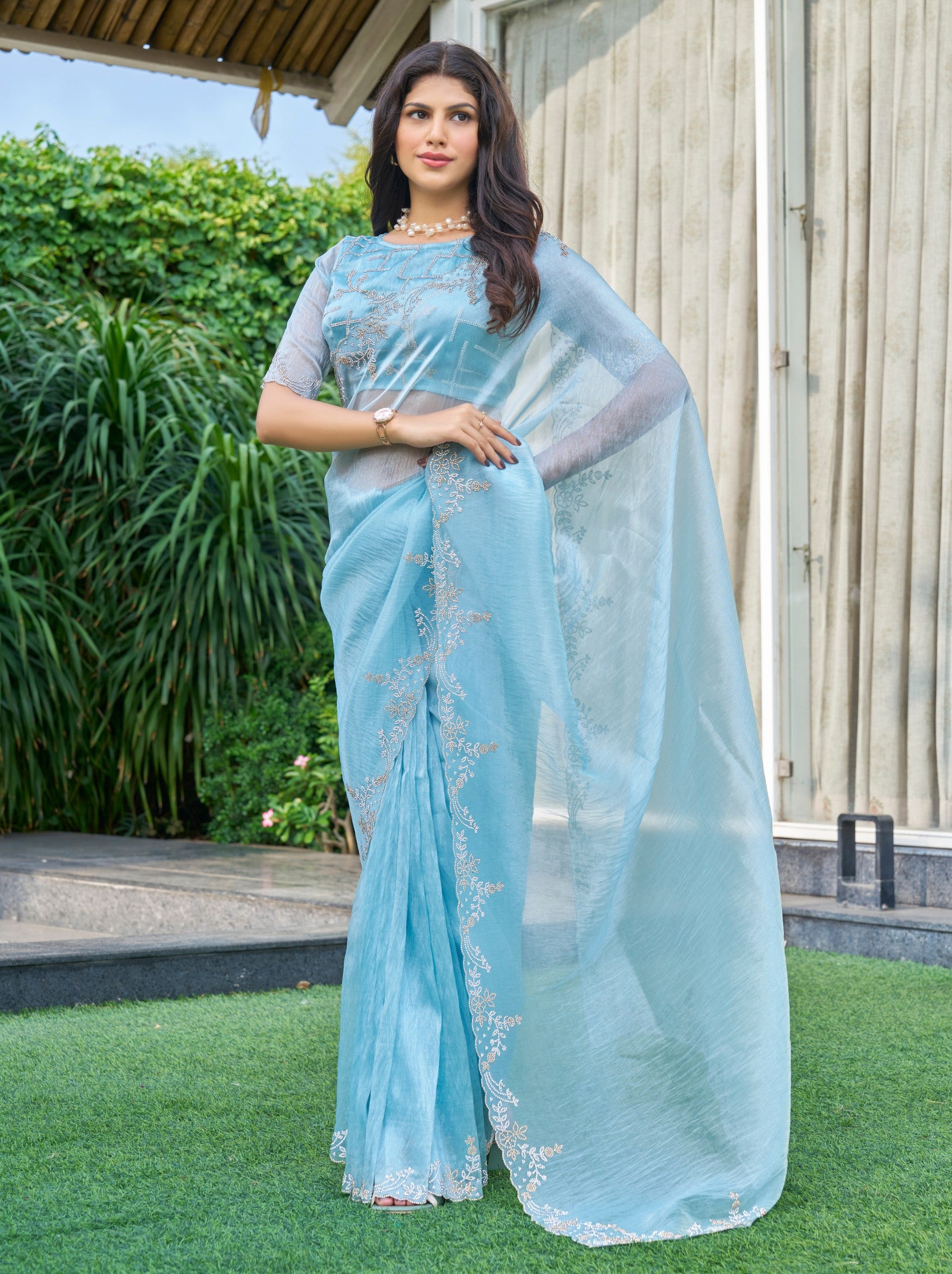 Sky Blue Celebration Saree - TrendOye