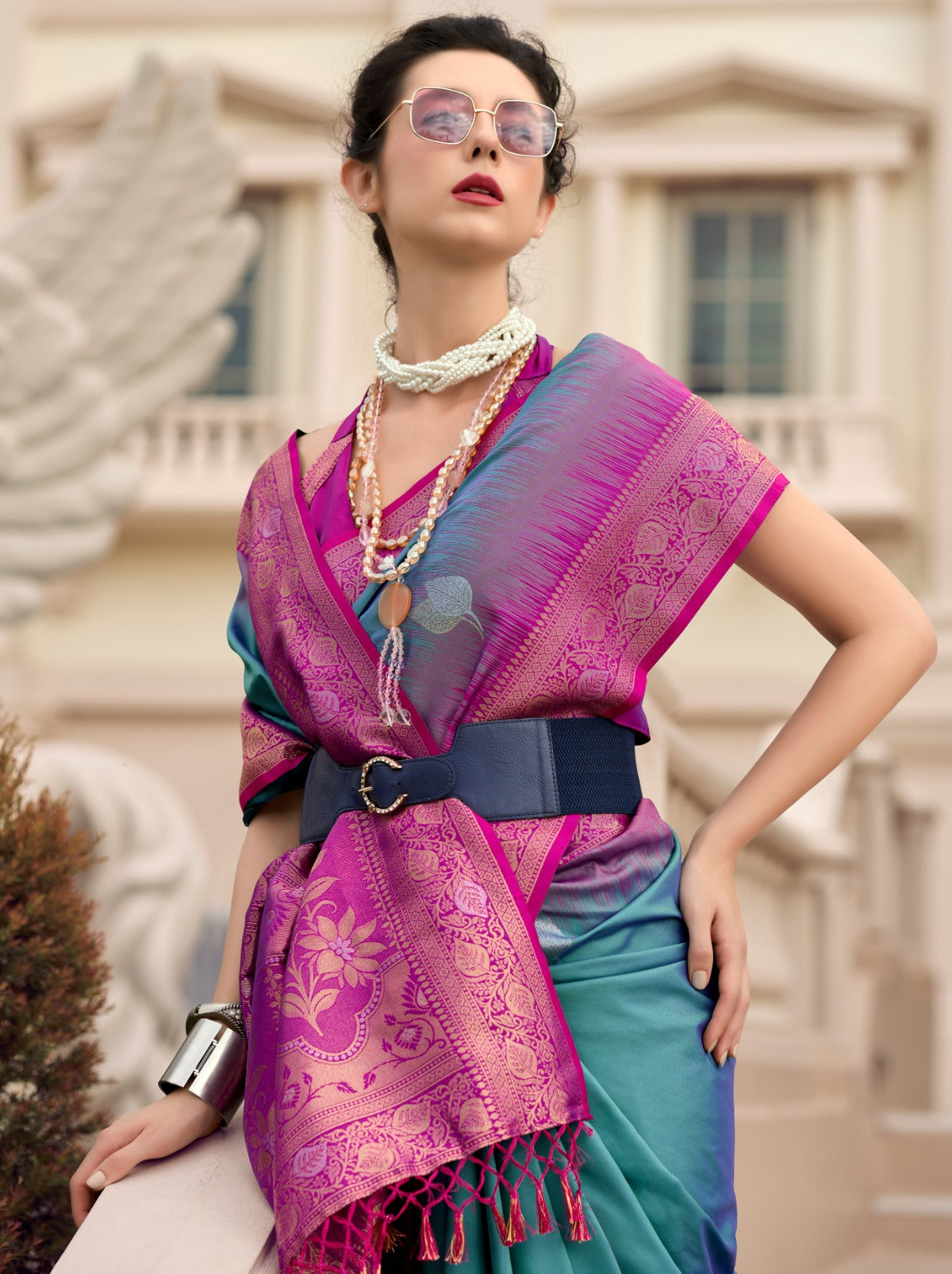Steel Blue Celebration Saree - TrendOye