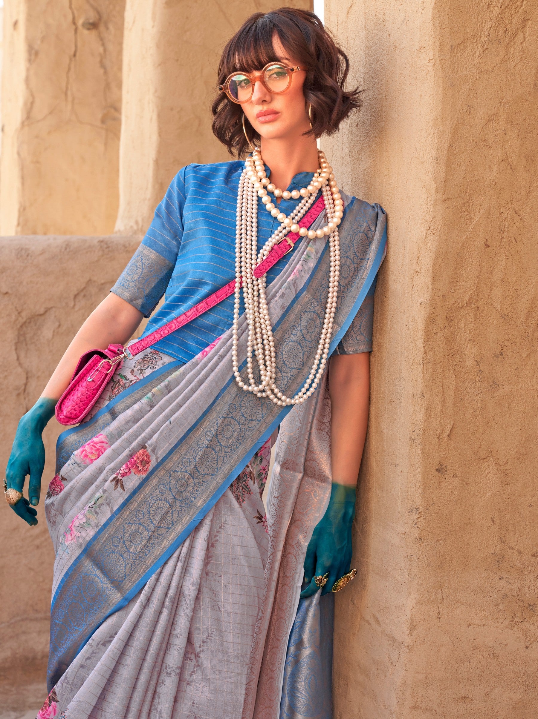 Cornflower Blue Fancy Digital Print Celebration Georgette Saree - TrendOye
