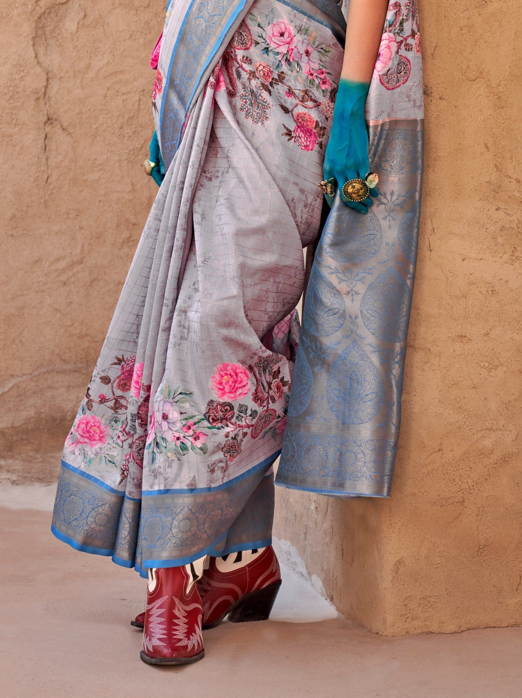Cornflower Blue Fancy Digital Print Celebration Georgette Saree - TrendOye