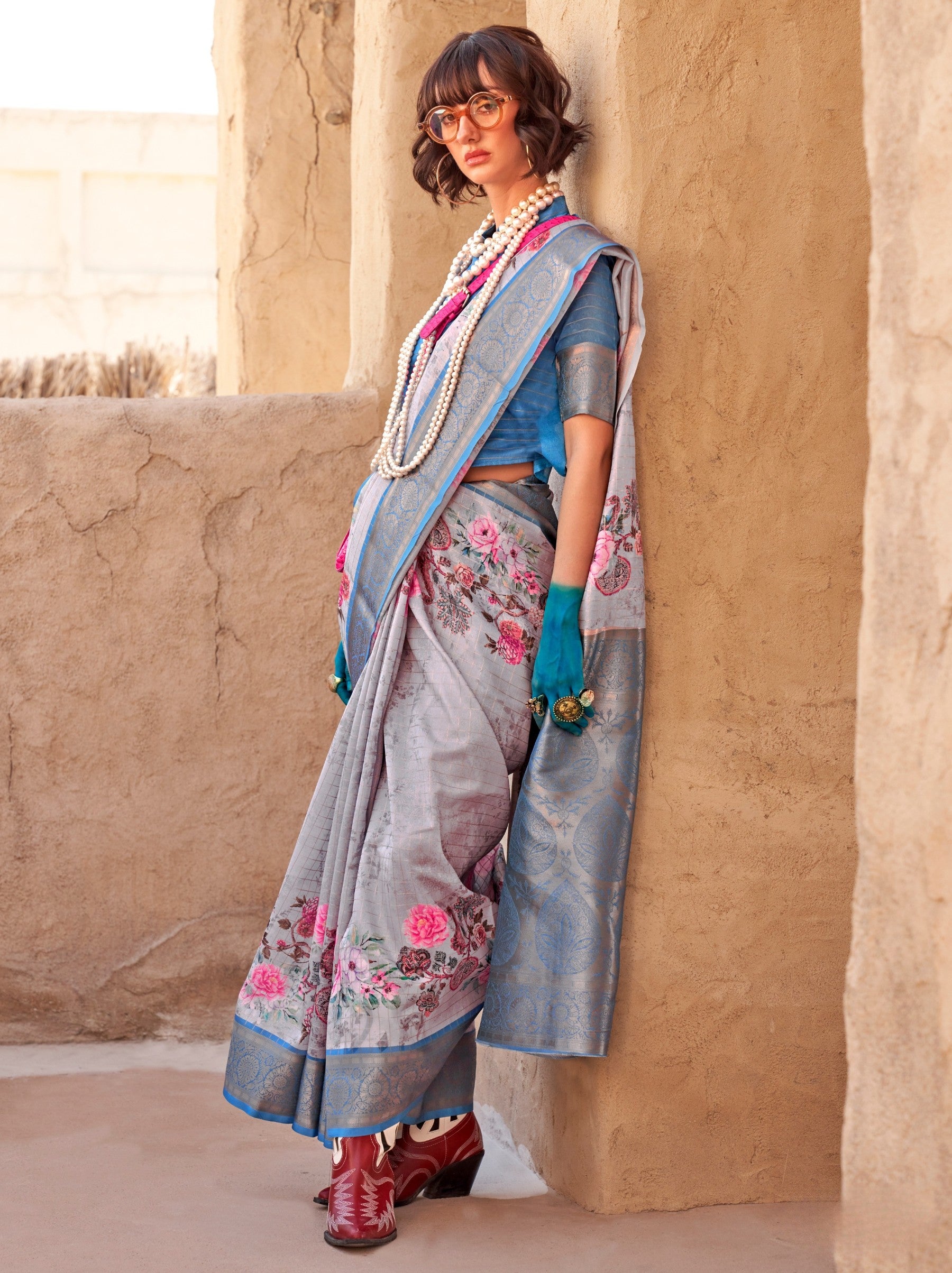 Cornflower Blue Fancy Digital Print Celebration Georgette Saree - TrendOye