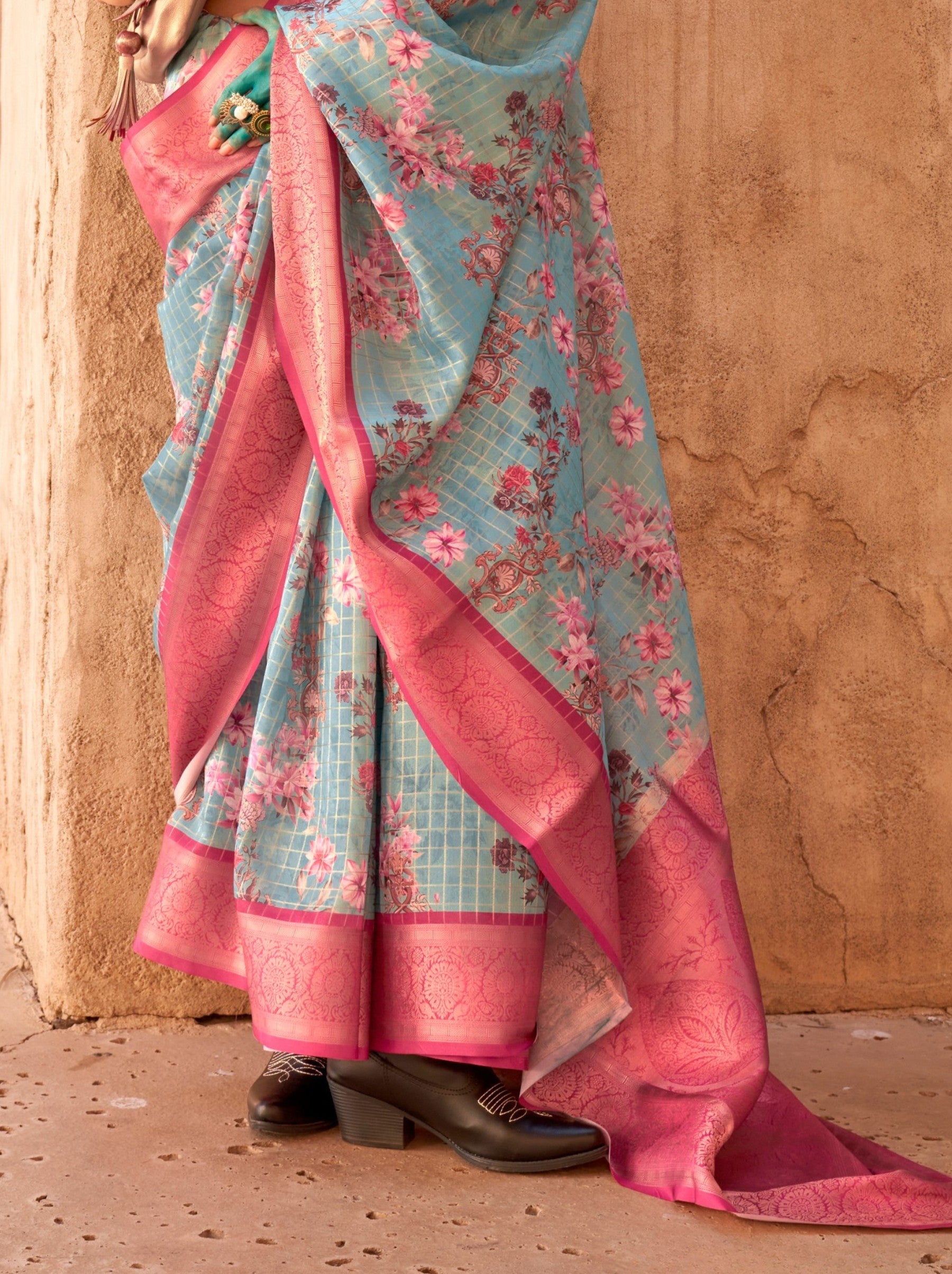 Tiffany Blue Digital Print Celebration Georgette Saree - TrendOye
