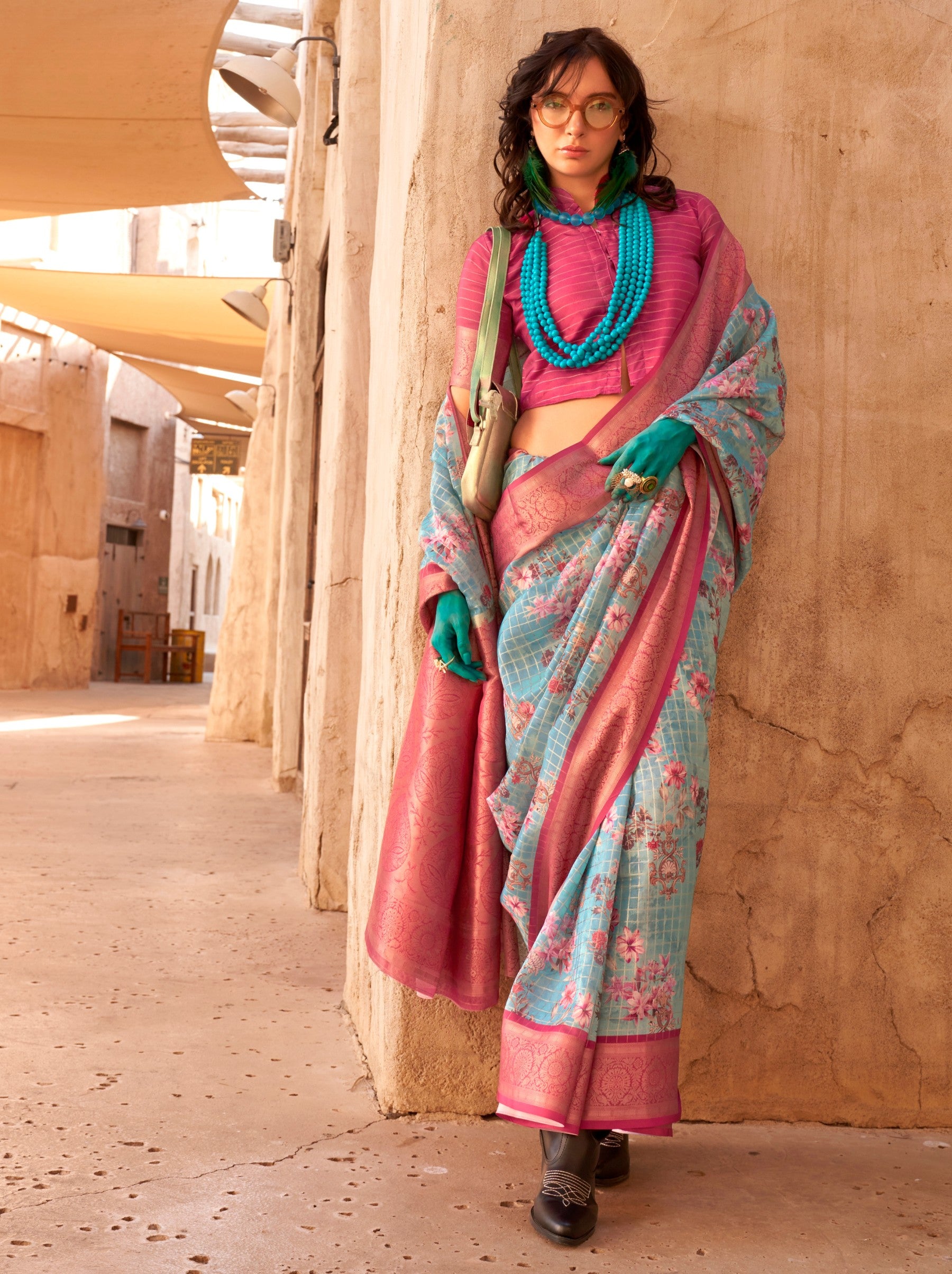 Tiffany Blue Digital Print Celebration Georgette Saree - TrendOye