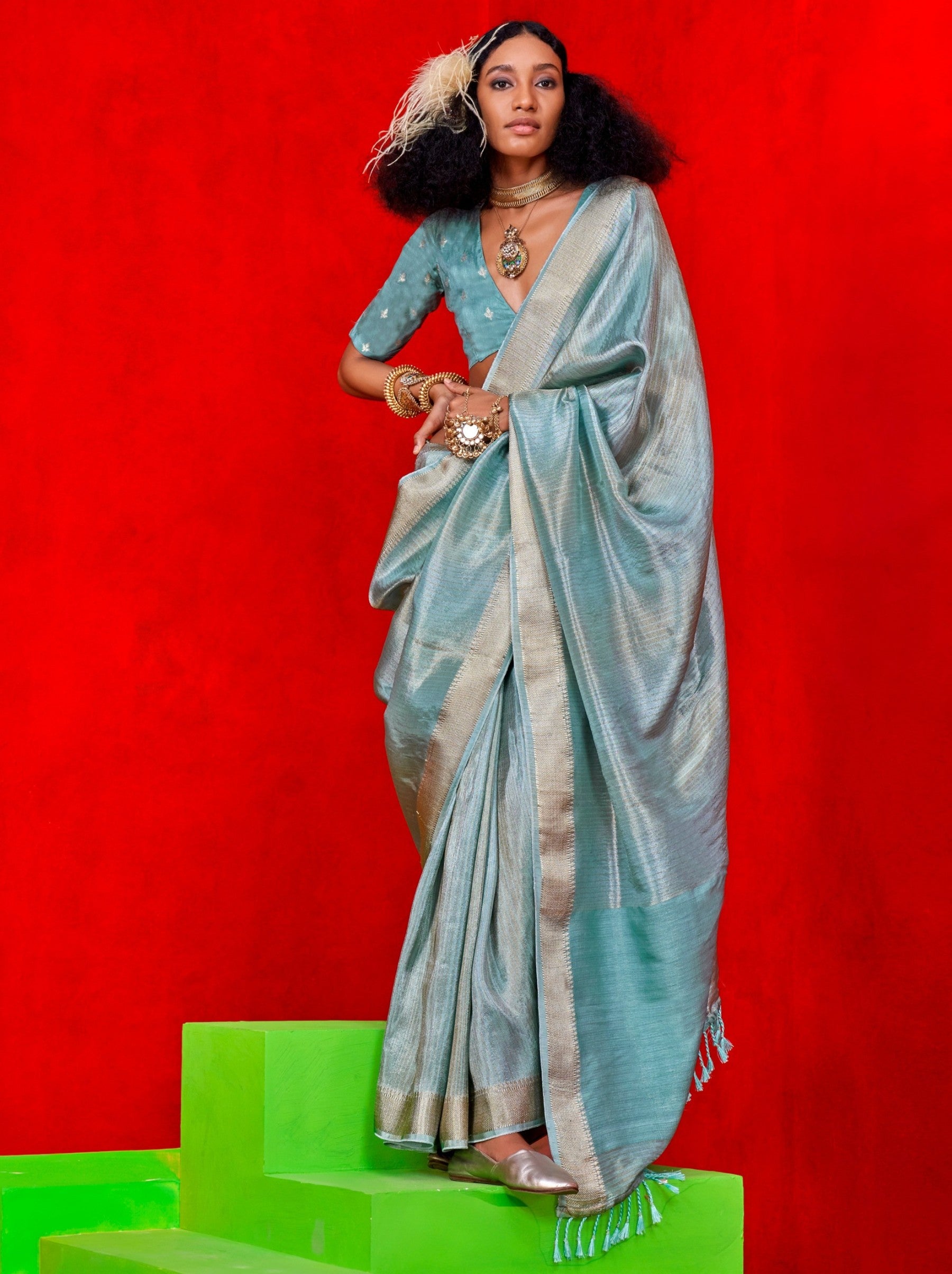Sky Blue Celebration Saree - TrendOye