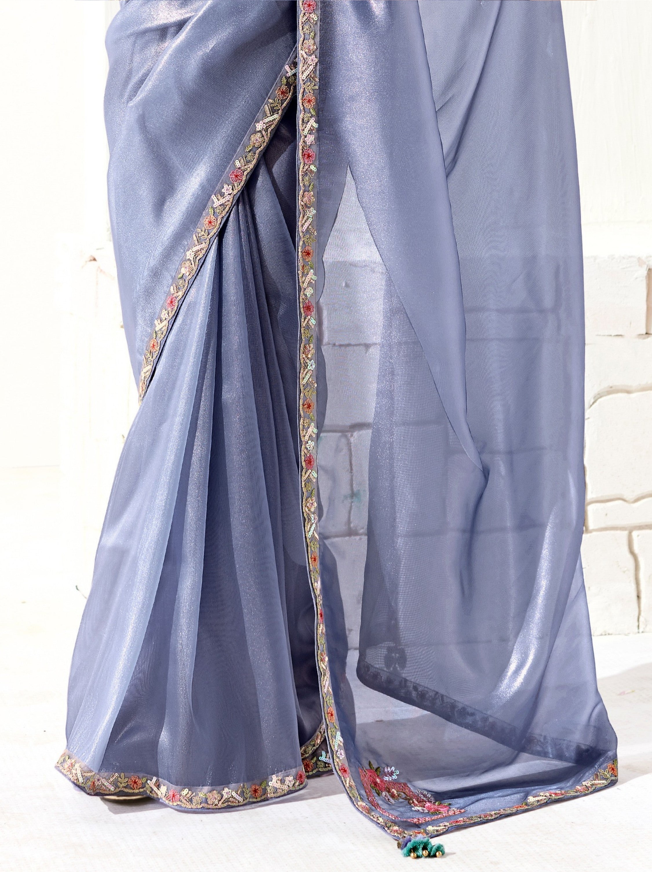 Pigeon Blue Organza Tissue Ethnic Saree With Embroidered Border