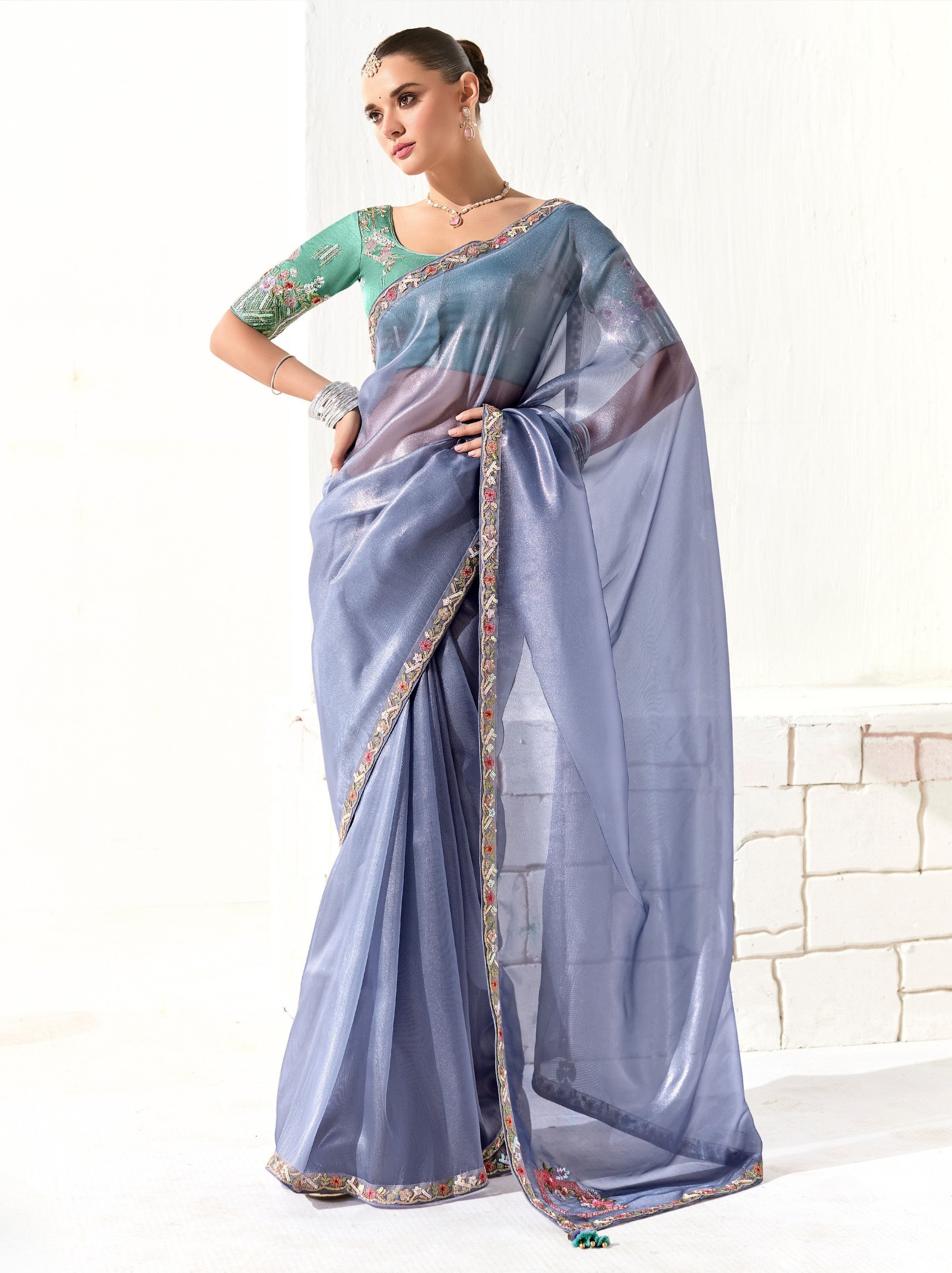 Pigeon Blue Organza Tissue Ethnic Saree With Embroidered Border