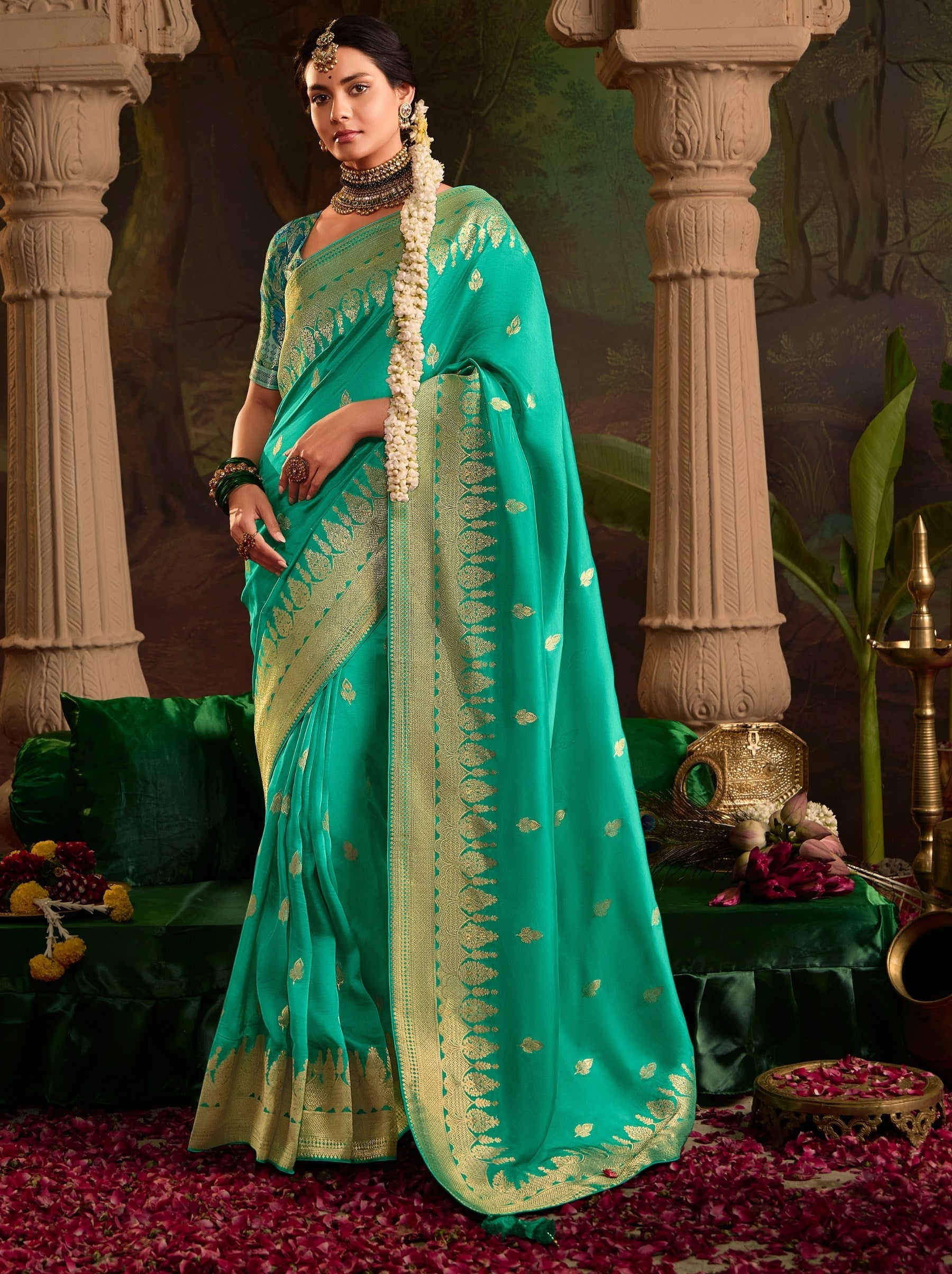Teal Blue Wedding And Party Designer Saree - TrendOye