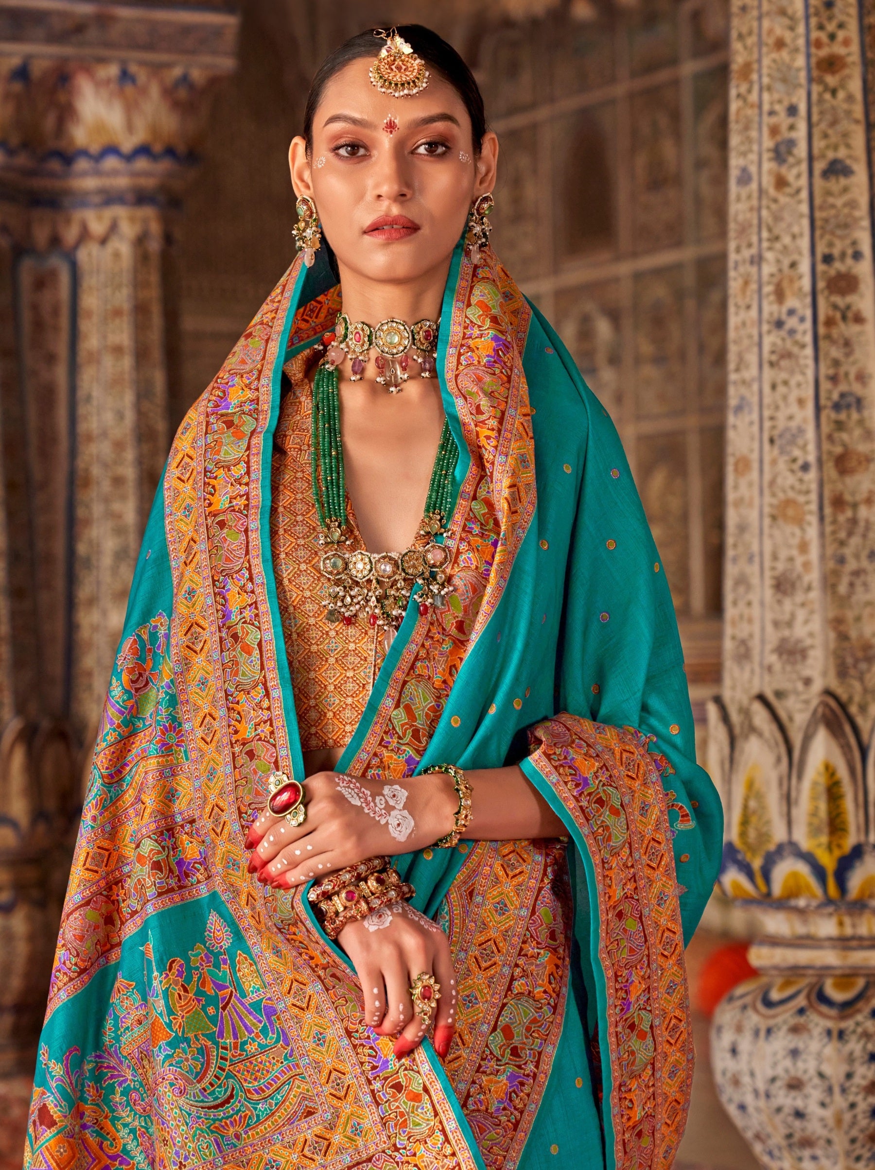 Turquoise Blue Premium Silk Saree With Traditional Pattern - TrendOye