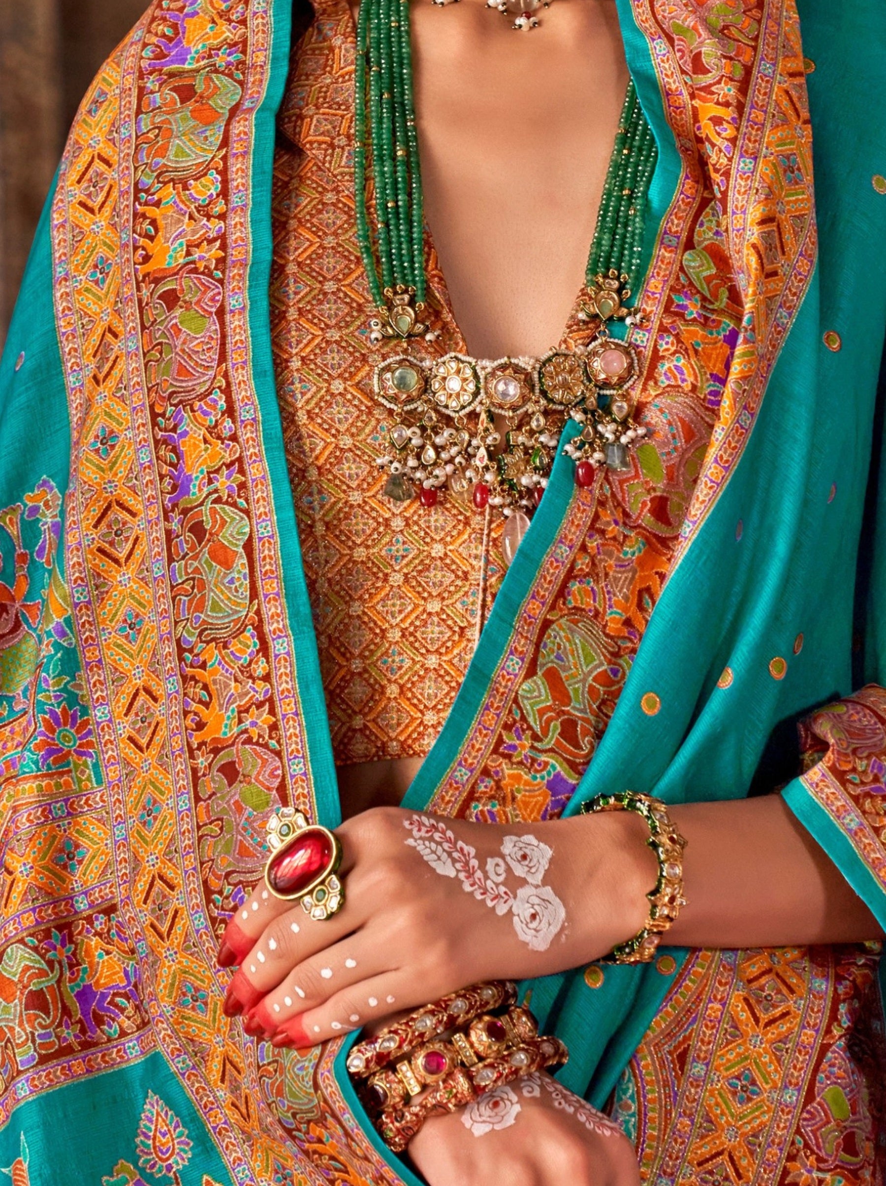 Turquoise Blue Premium Silk Saree With Traditional Pattern - TrendOye