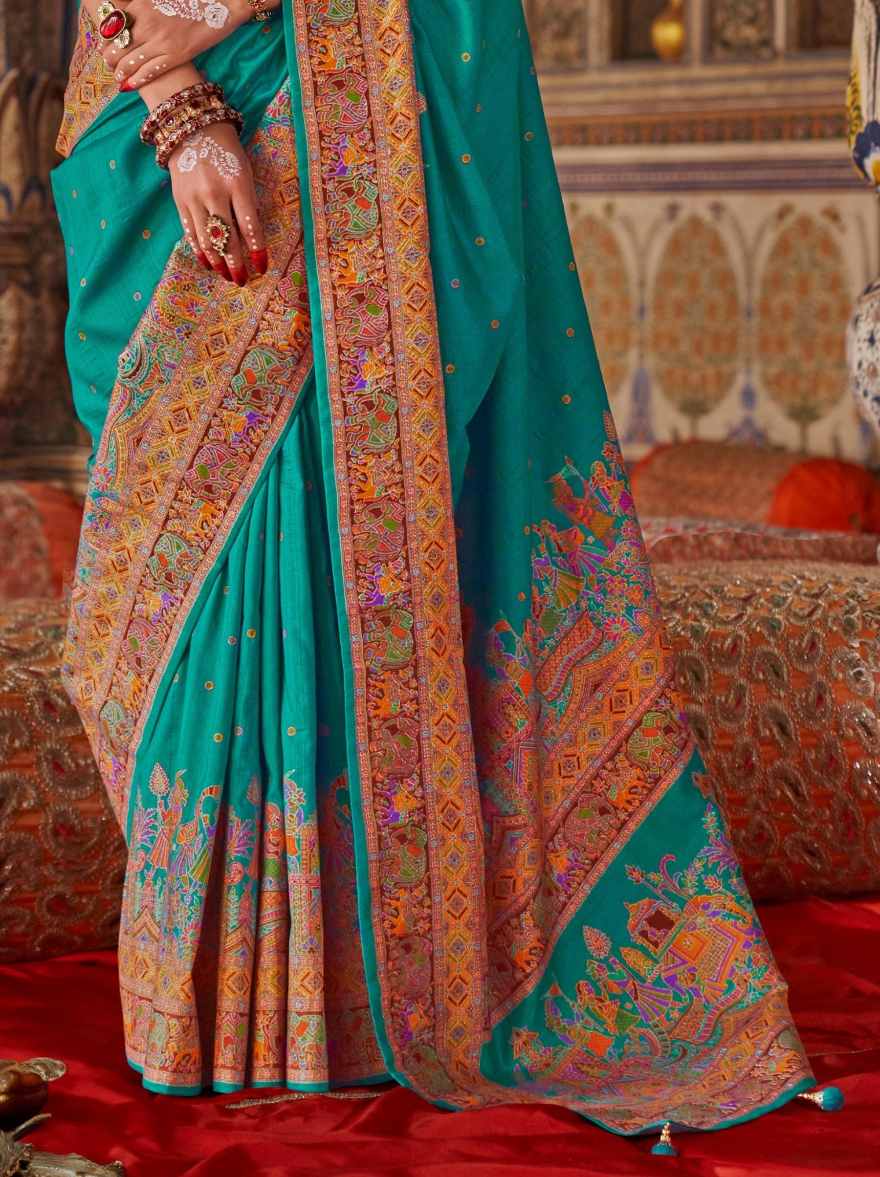 Turquoise Blue Premium Silk Saree With Traditional Pattern - TrendOye