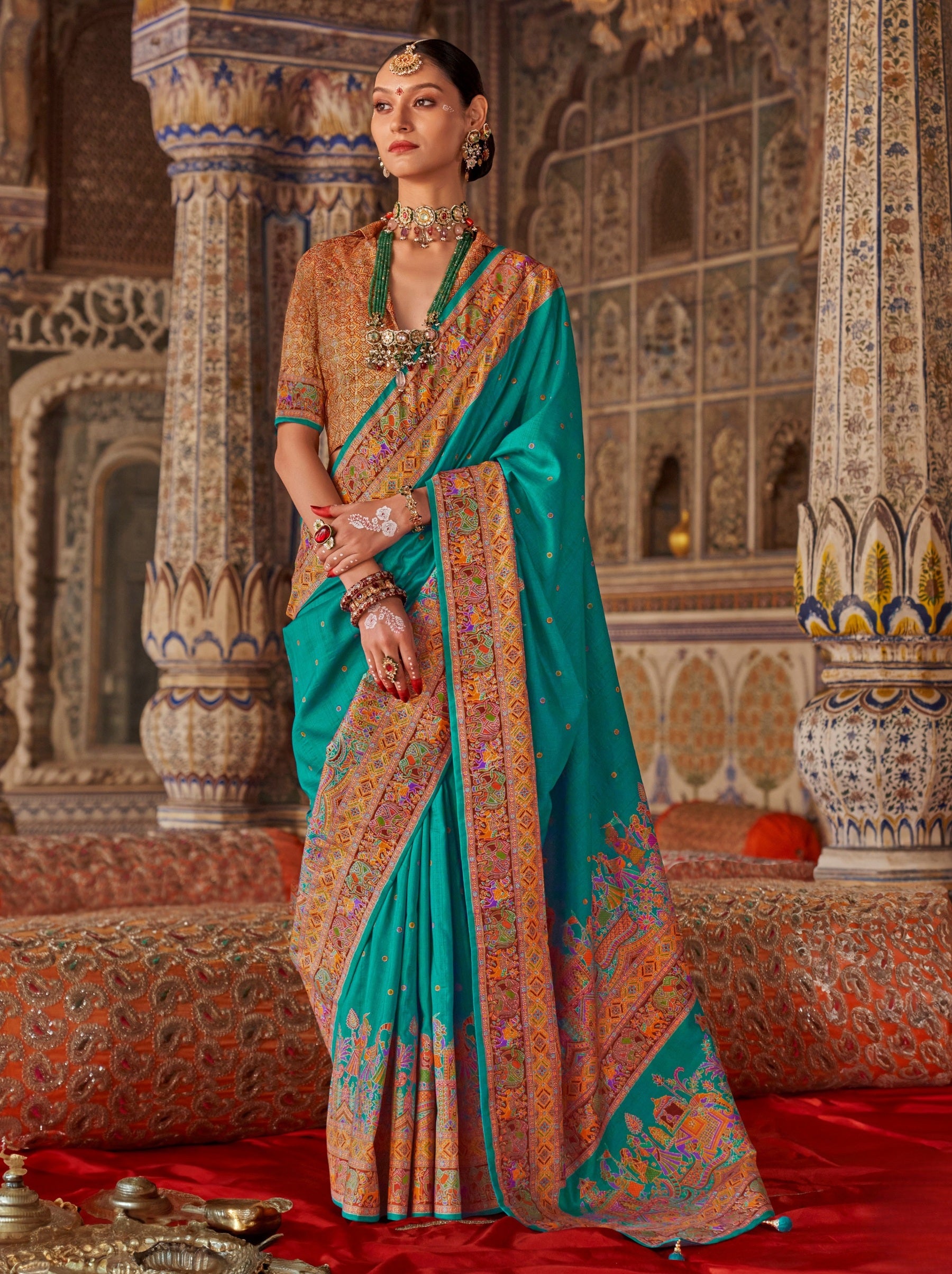 Turquoise Blue Premium Silk Saree With Traditional Pattern - TrendOye