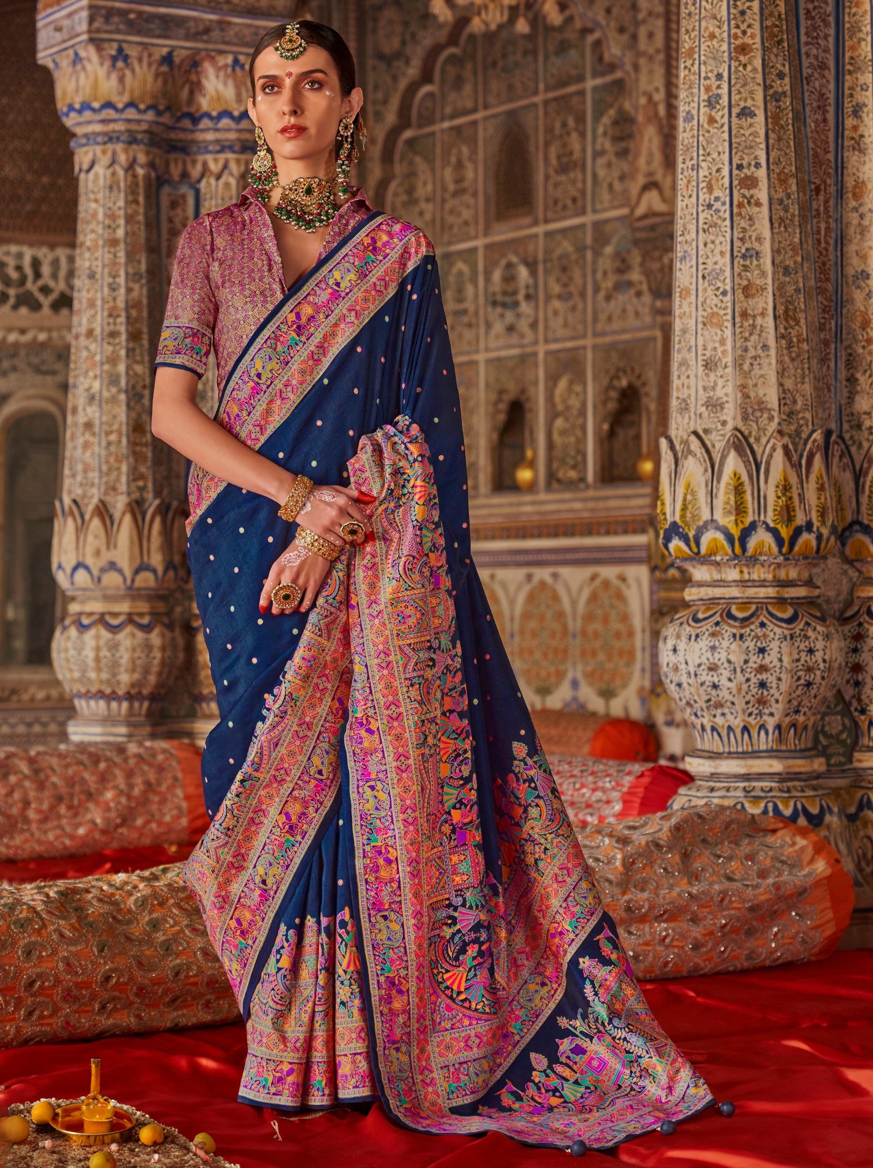 Navy Blue Premium Silk Saree With Traditional Pattern - TrendOye