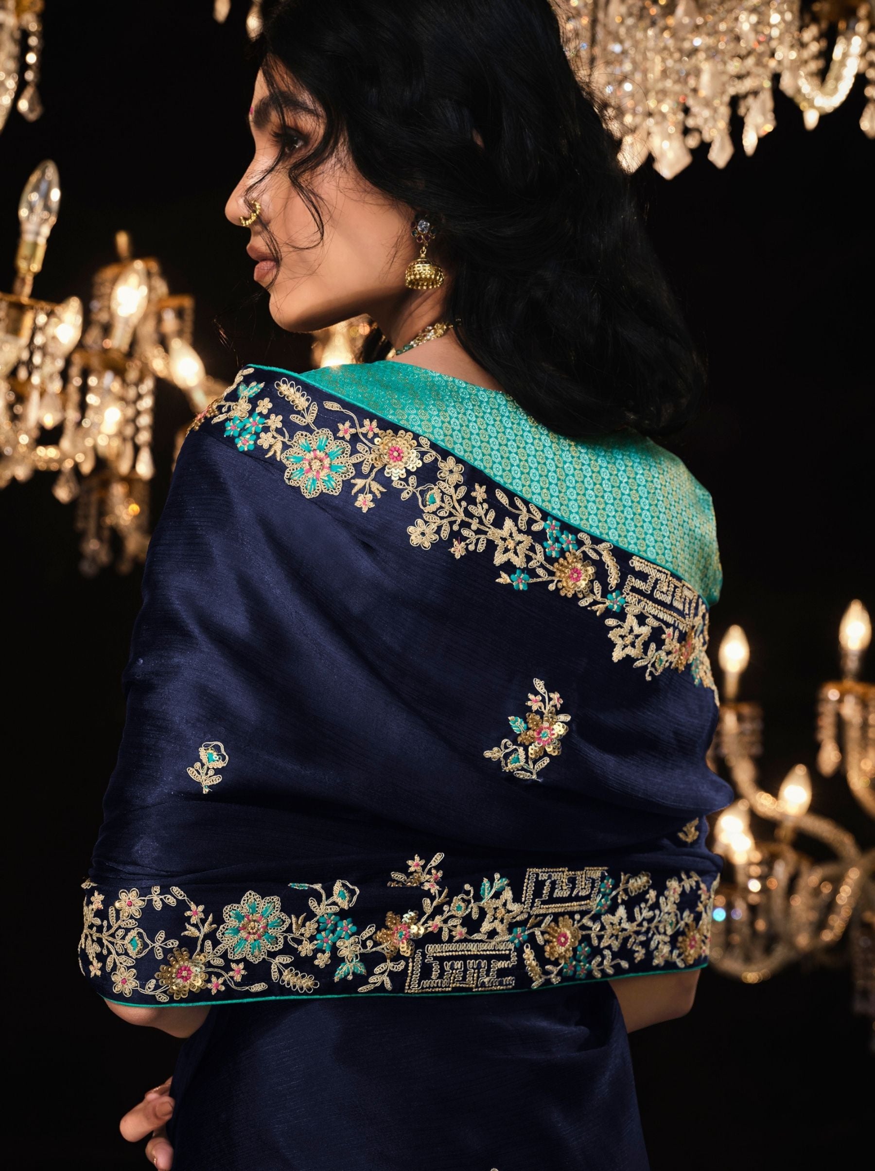 Space Blue Premium Fancy Designer Wedding Saree - TrendOye