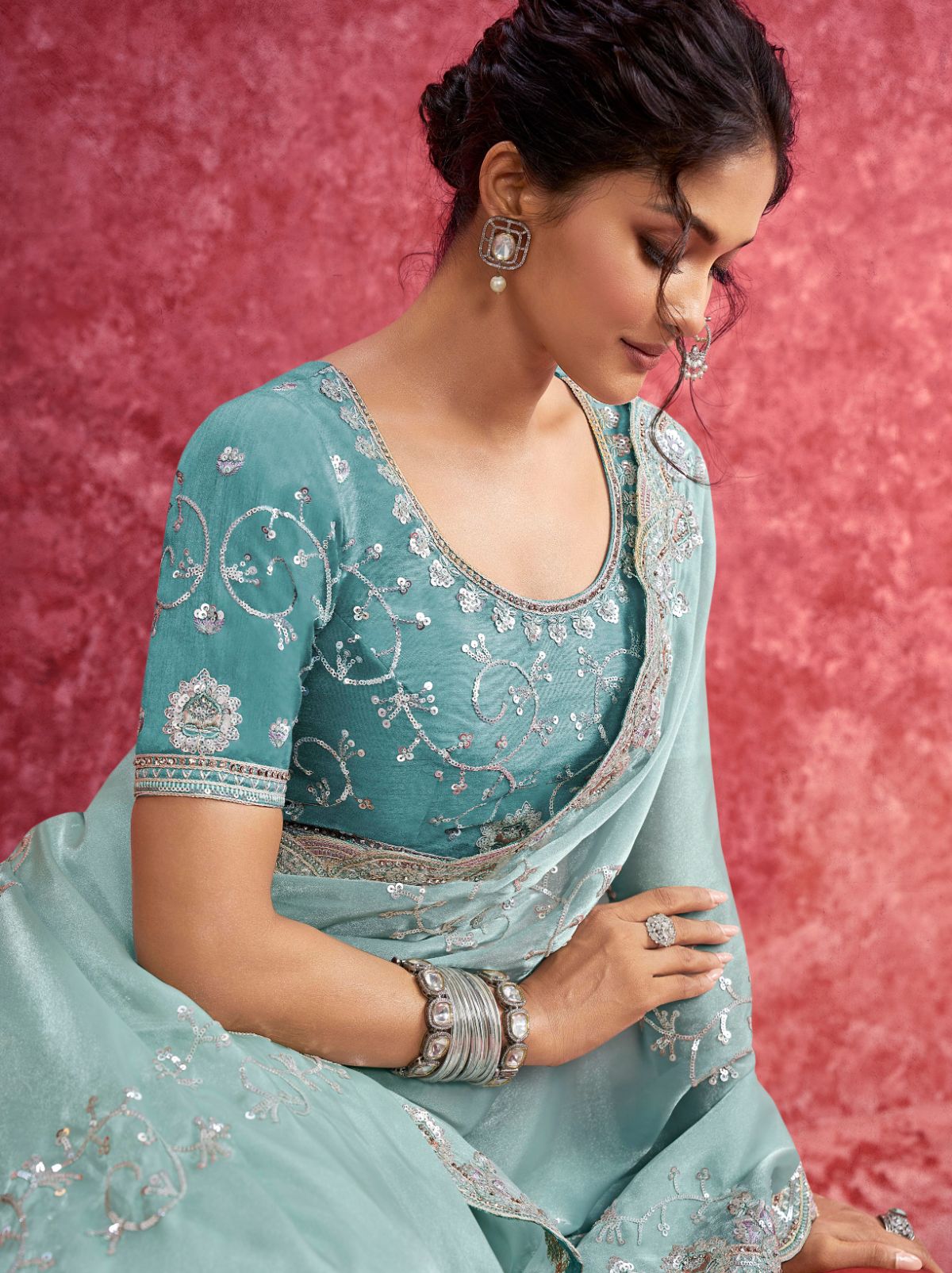 Tiffany Blue Premium Fancy Saree With Sequin Work