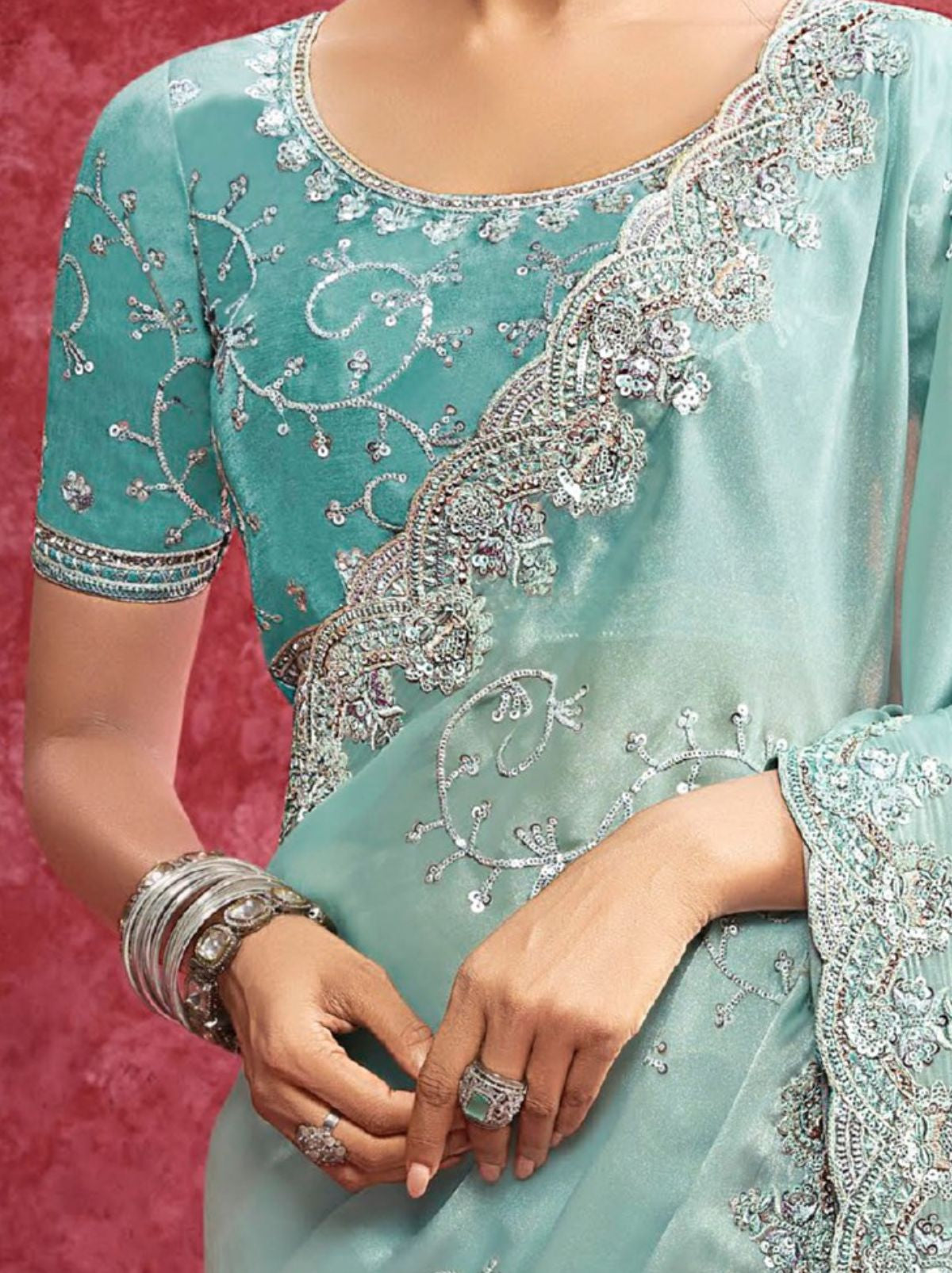 Tiffany Blue Premium Fancy Saree With Sequin Work