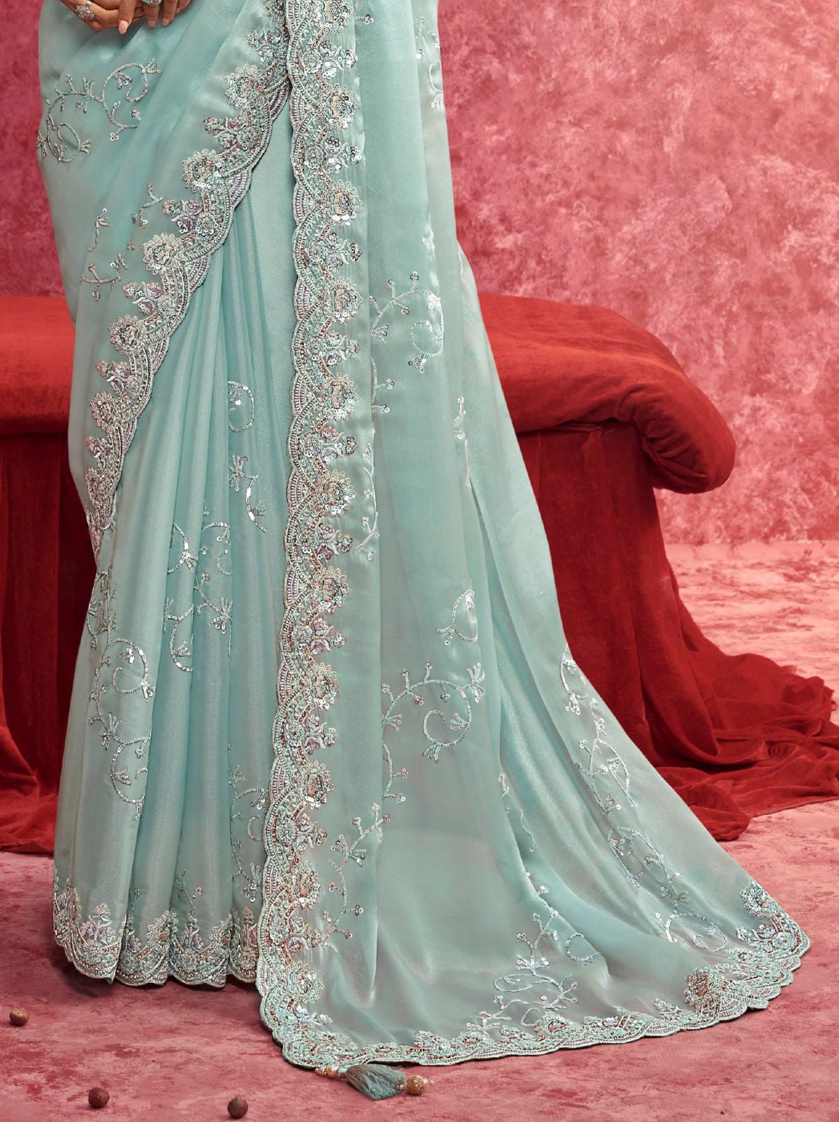 Tiffany Blue Premium Fancy Saree With Sequin Work