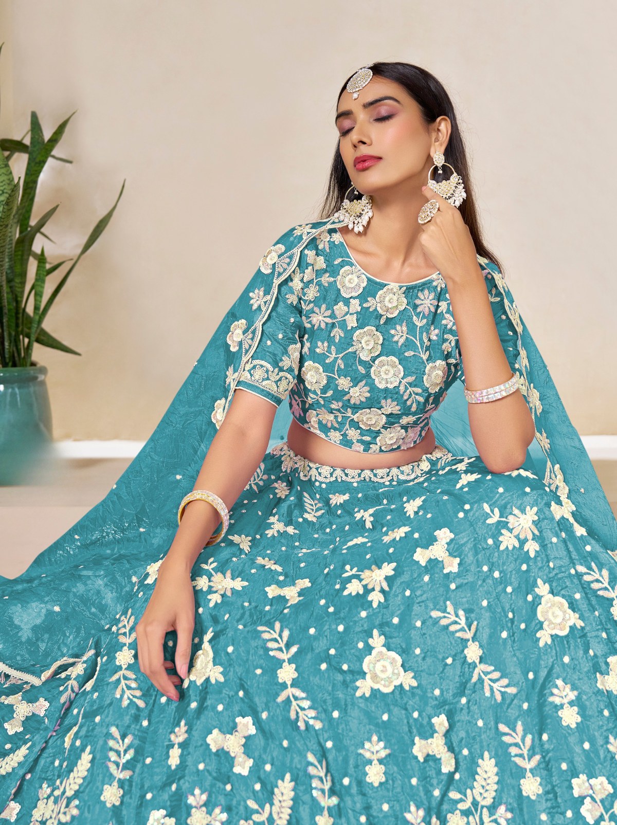 Olympic Blue Premium Festive Lehenga Set With Sequin And Zari Work - TrendOye