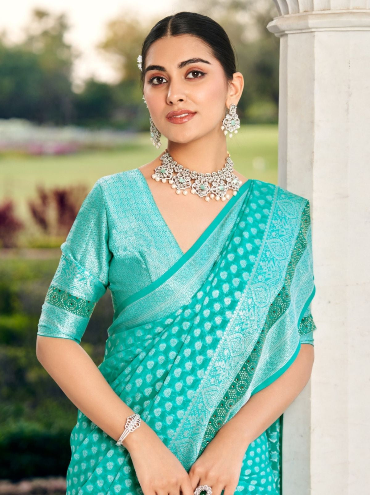 Maya Blue Premium Georgette Saree With Weaved Motifs