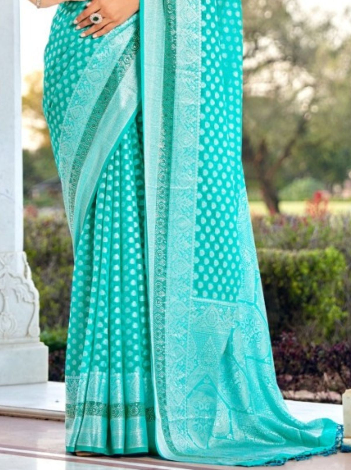 Maya Blue Premium Georgette Saree With Weaved Motifs