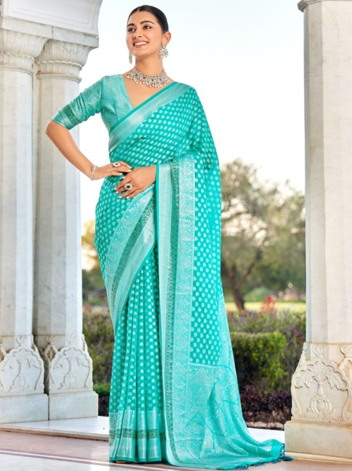 Maya Blue Premium Georgette Saree With Weaved Motifs