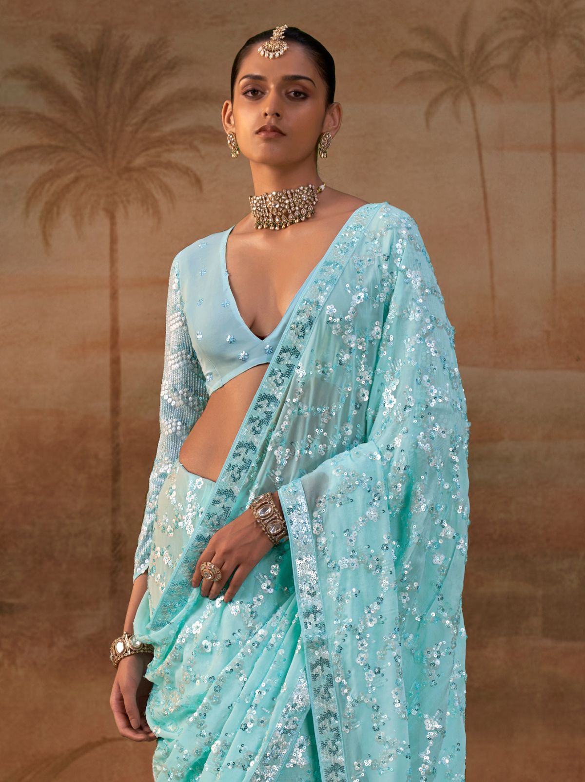 Aqua Blue Premium Georgette Silk Saree Sequin & Thread Work
