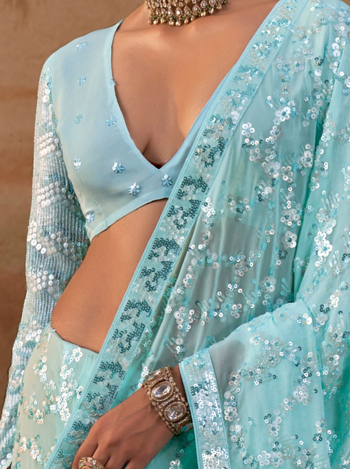 Aqua Blue Premium Georgette Silk Saree Sequin & Thread Work