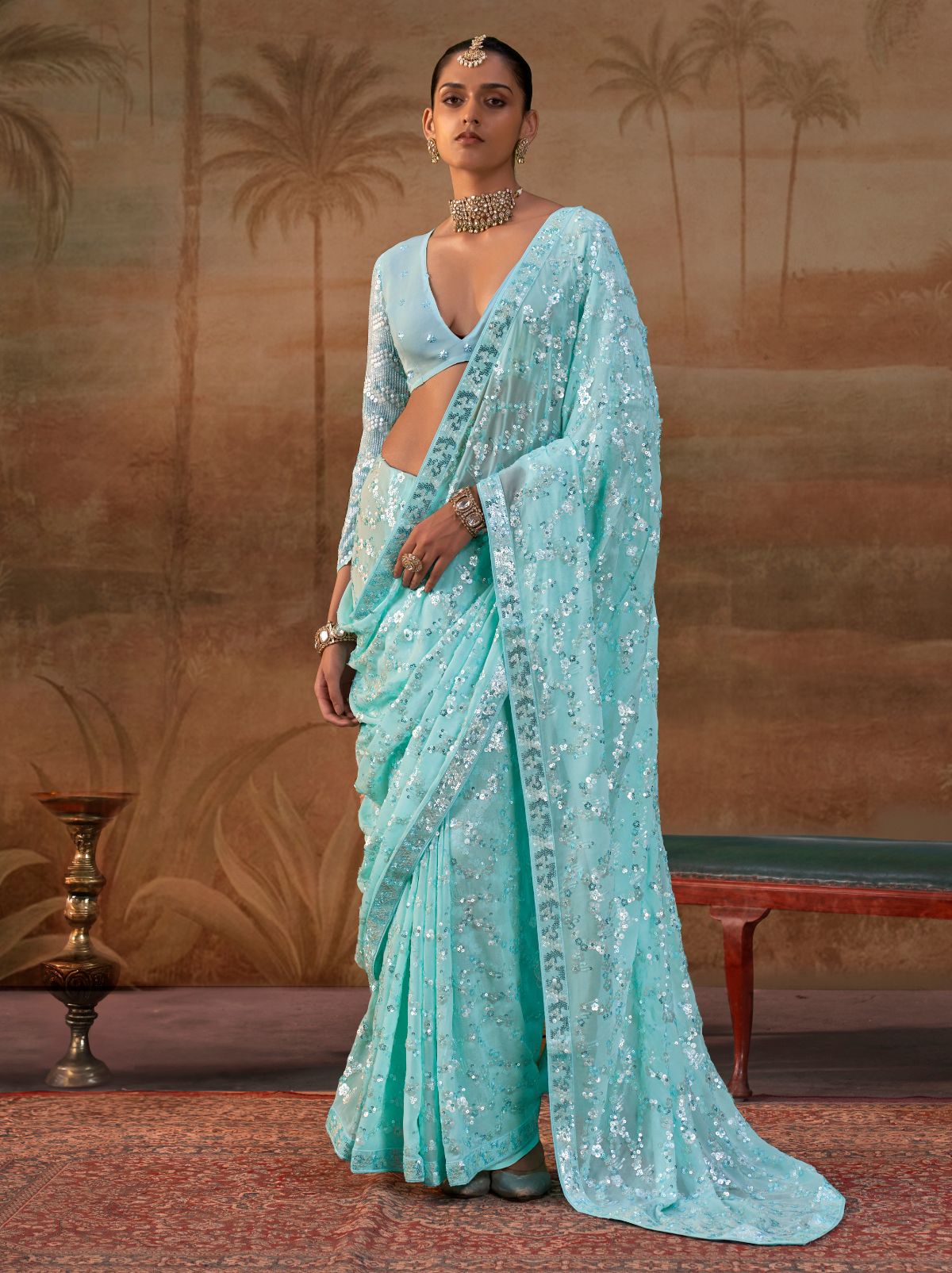 Aqua Blue Premium Georgette Silk Saree Sequin & Thread Work