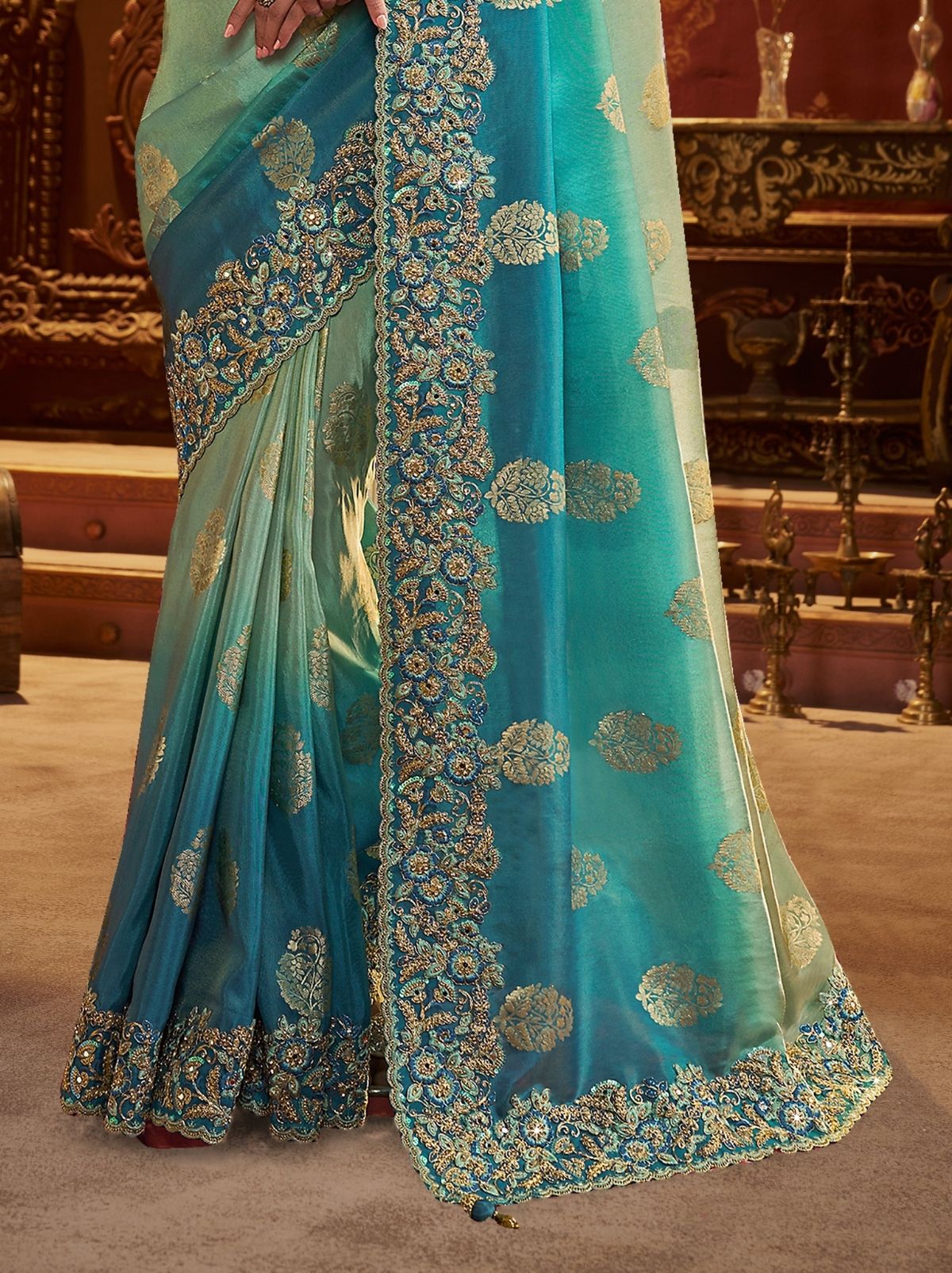 Blue Ombre Premium Heavy Work Bridal Saree With Rich Border Design