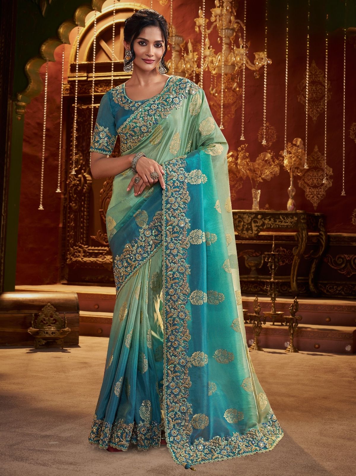 Blue Ombre Premium Heavy Work Bridal Saree With Rich Border Design