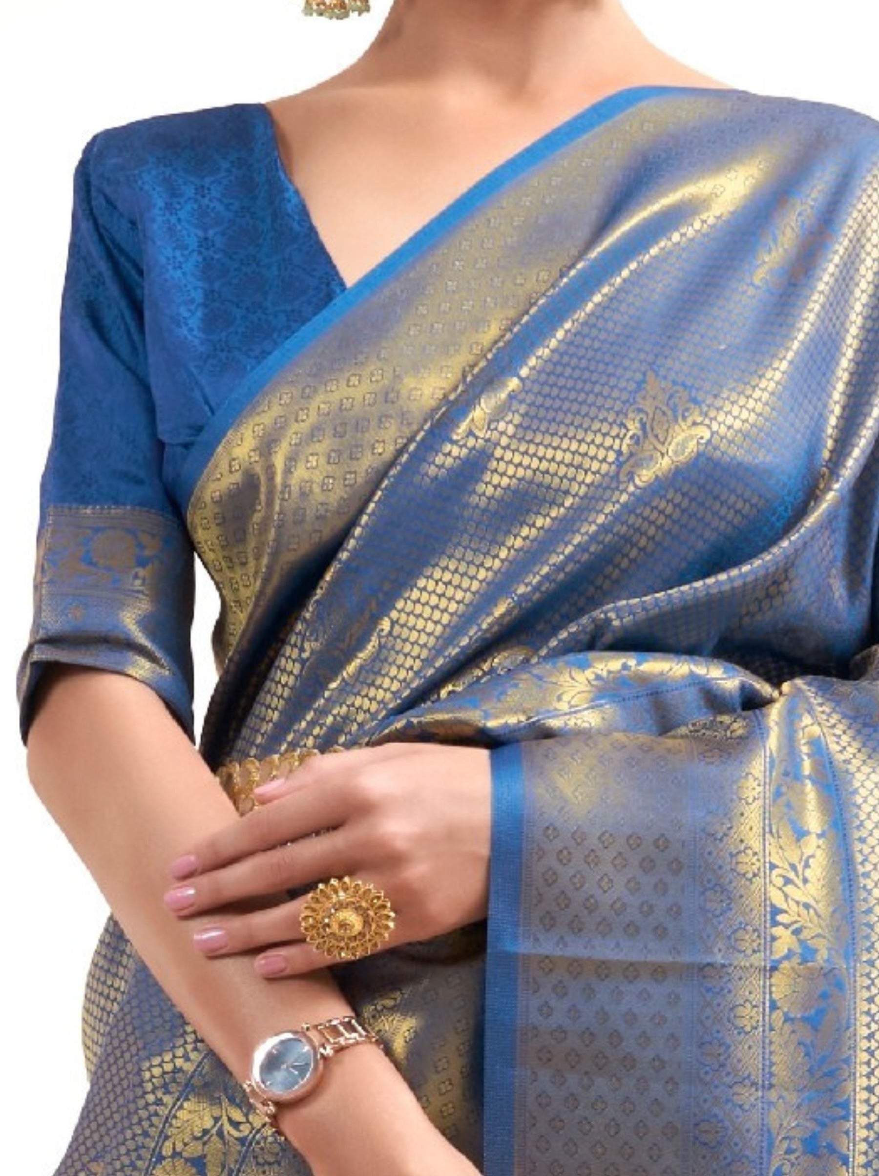 Yale Blue Premium Kanjeevaram Silk Wedding Saree - TrendOye