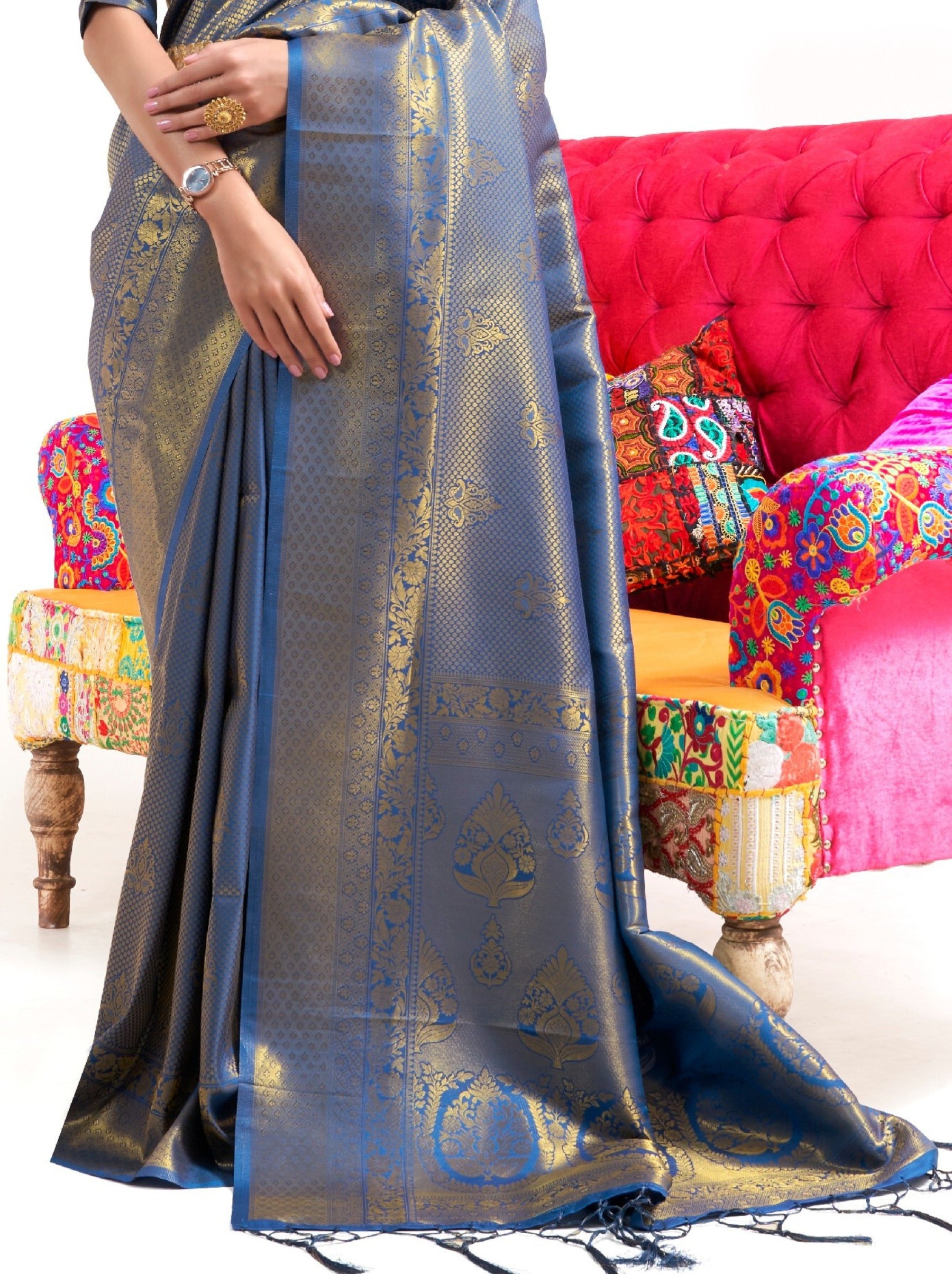 Yale Blue Premium Kanjeevaram Silk Wedding Saree - TrendOye