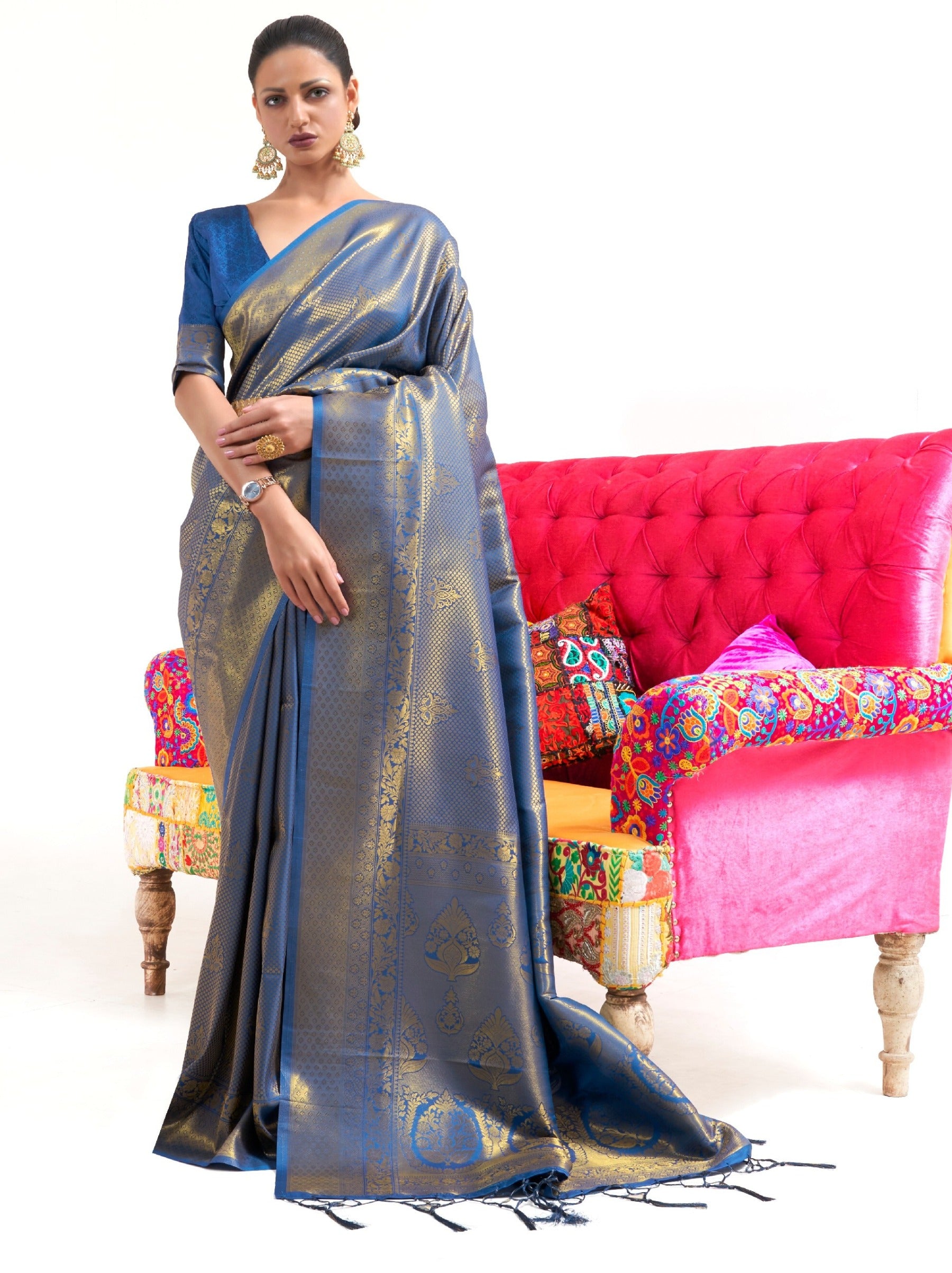 Yale Blue Premium Kanjeevaram Silk Wedding Saree - TrendOye