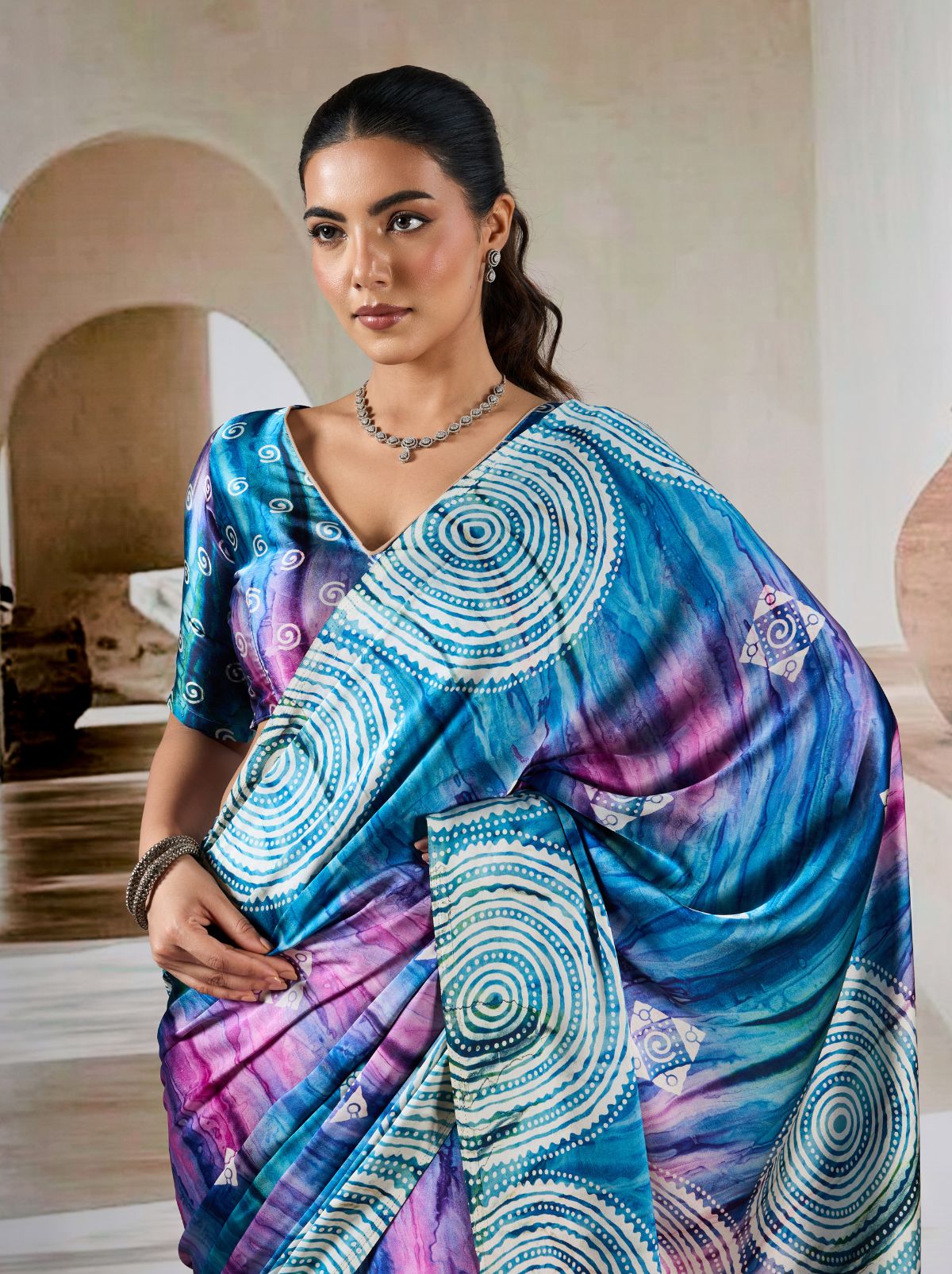 Azure Blue Premium Modal Satin Silk Saree - TrendOye