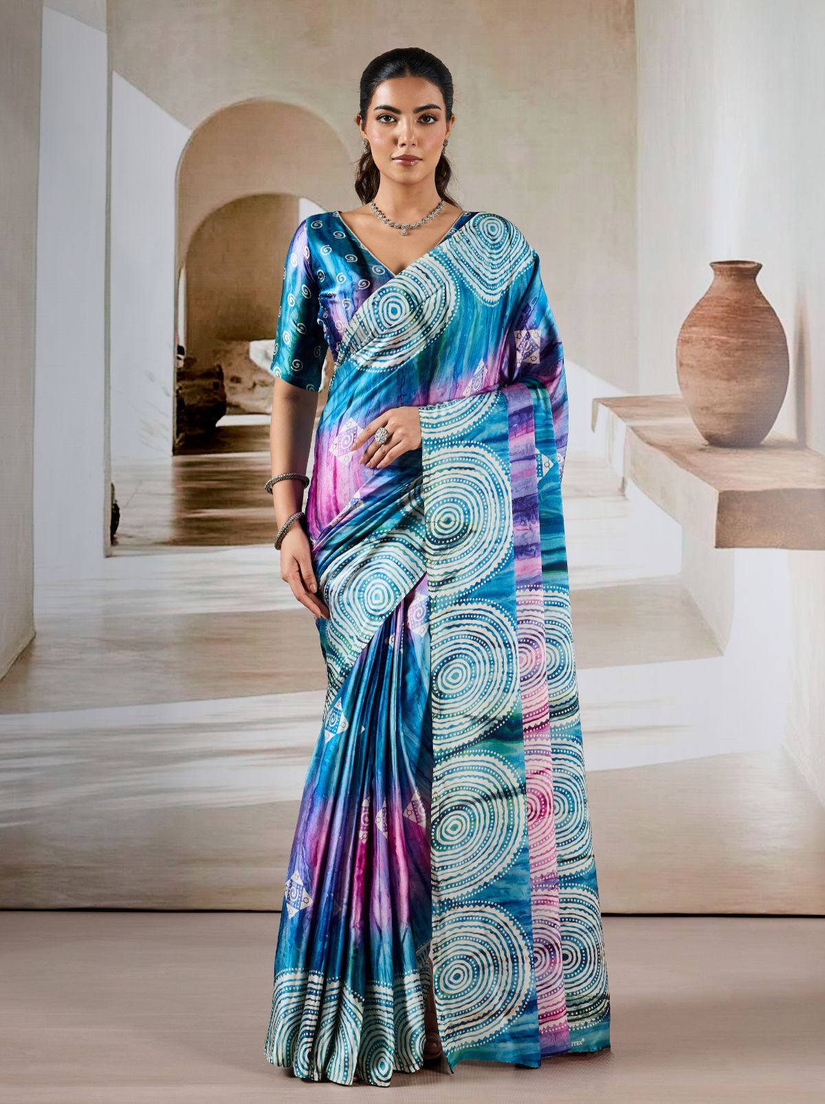 Azure Blue Premium Modal Satin Silk Saree - TrendOye