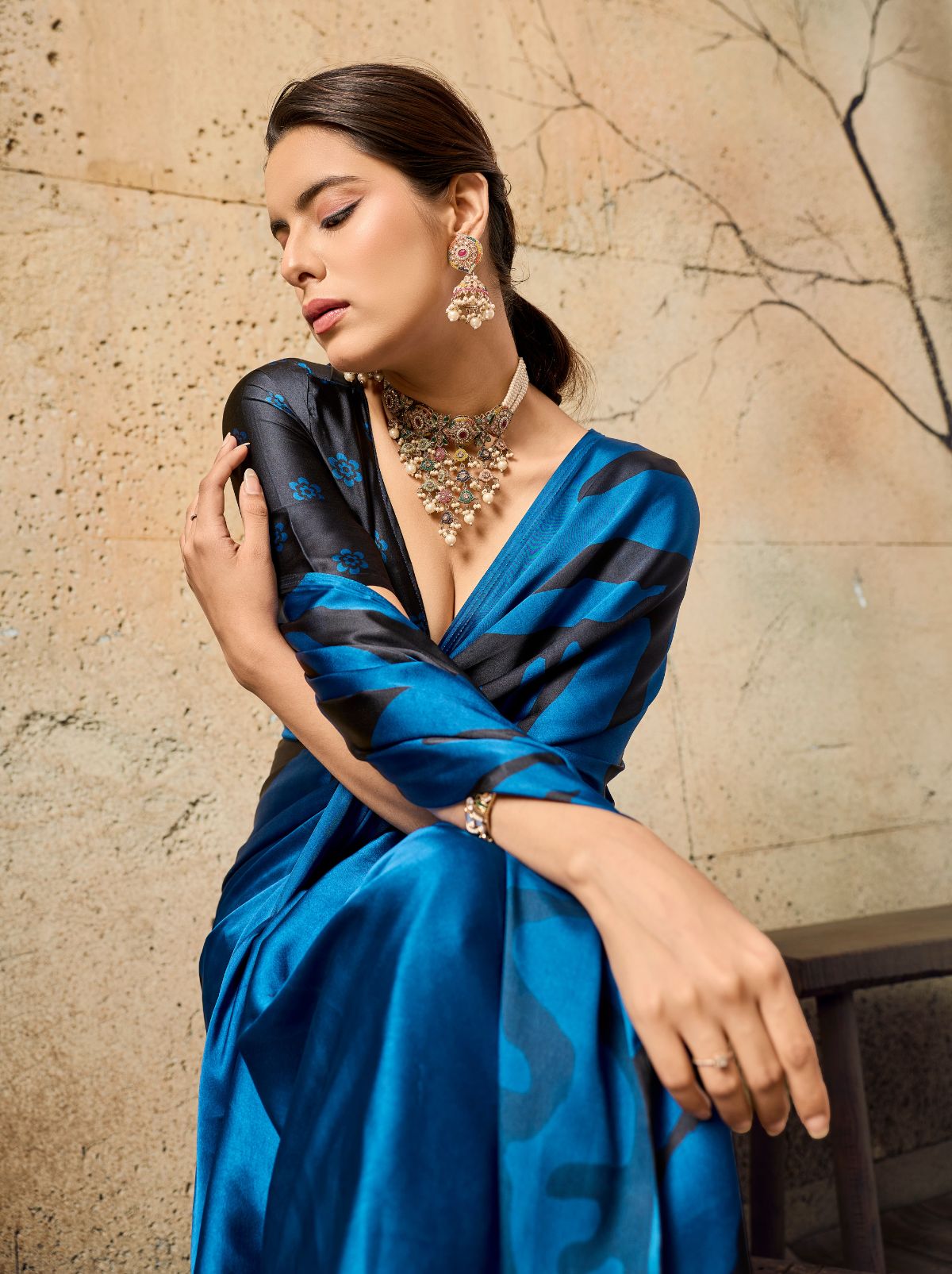 Royal Blue Premium Modal Satin Silk Saree With Blouse Piece