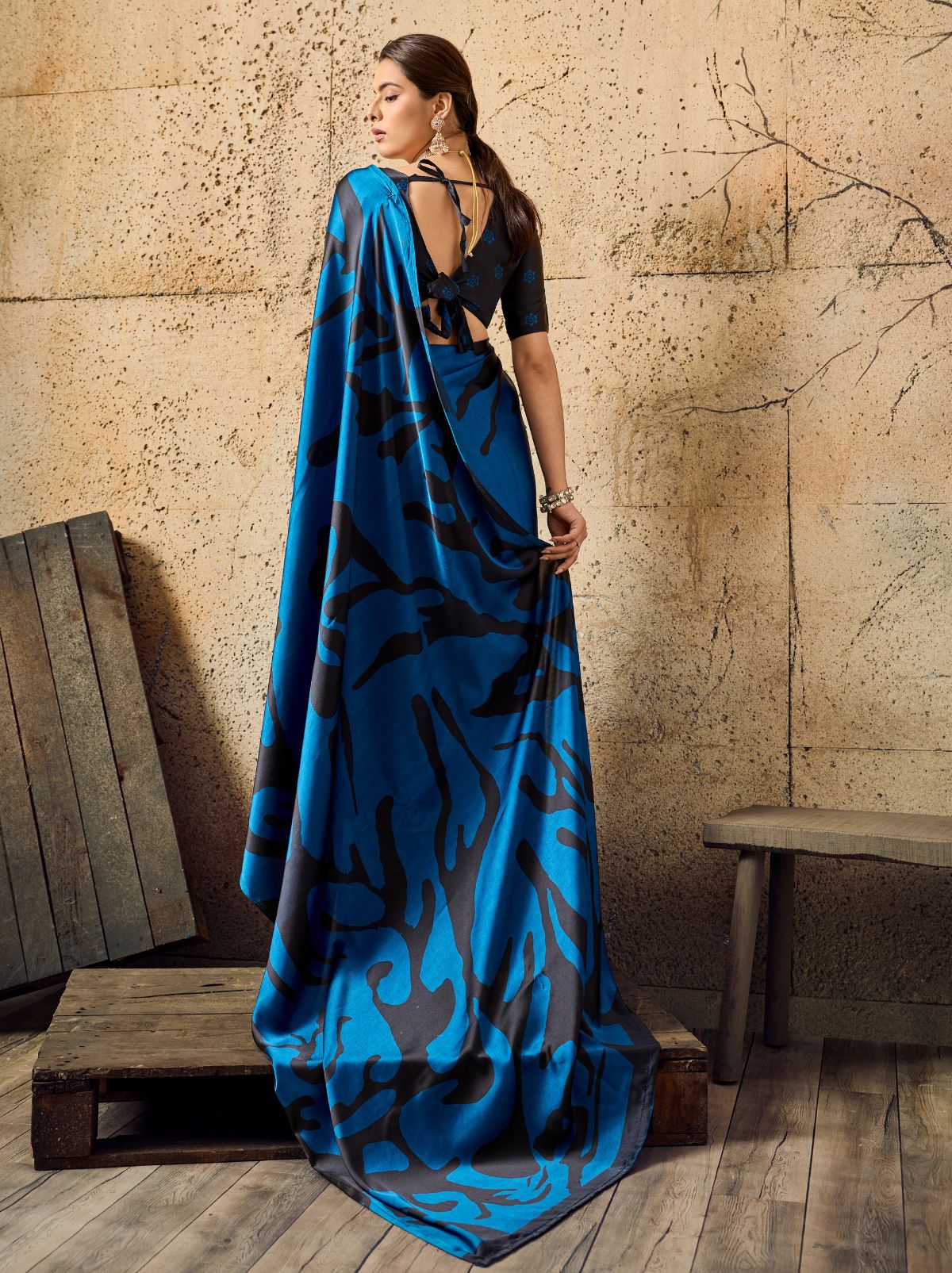 Royal Blue Premium Modal Satin Silk Saree With Blouse Piece