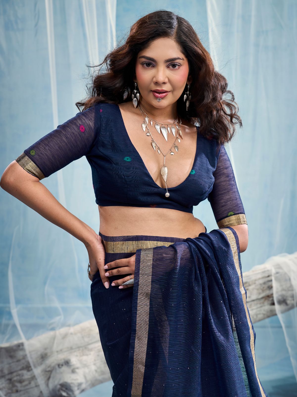 Deep Blue Premium Munga Silk Ethnic Saree With Tassels