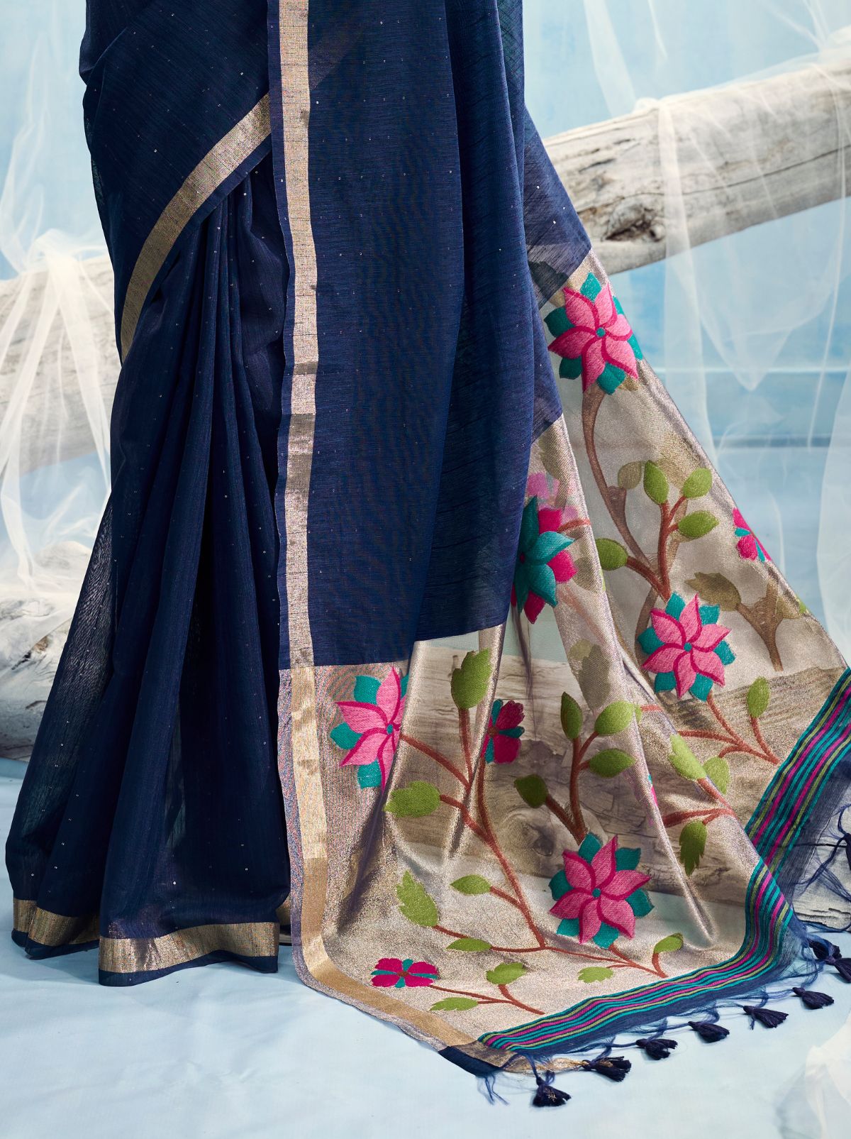 Deep Blue Premium Munga Silk Ethnic Saree With Tassels