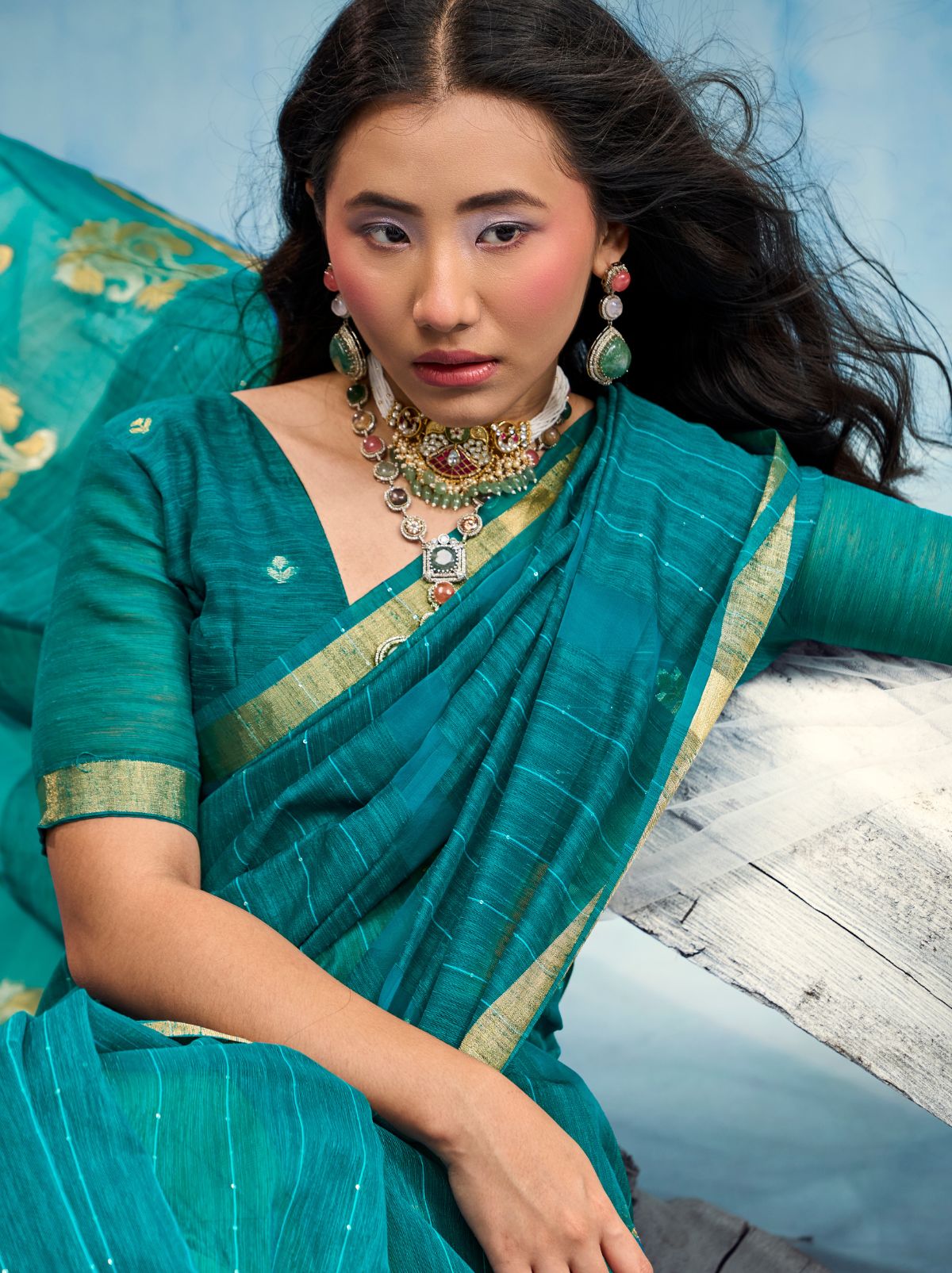 Teal Blue Premium Munga Silk Ethnic Saree With Tassels