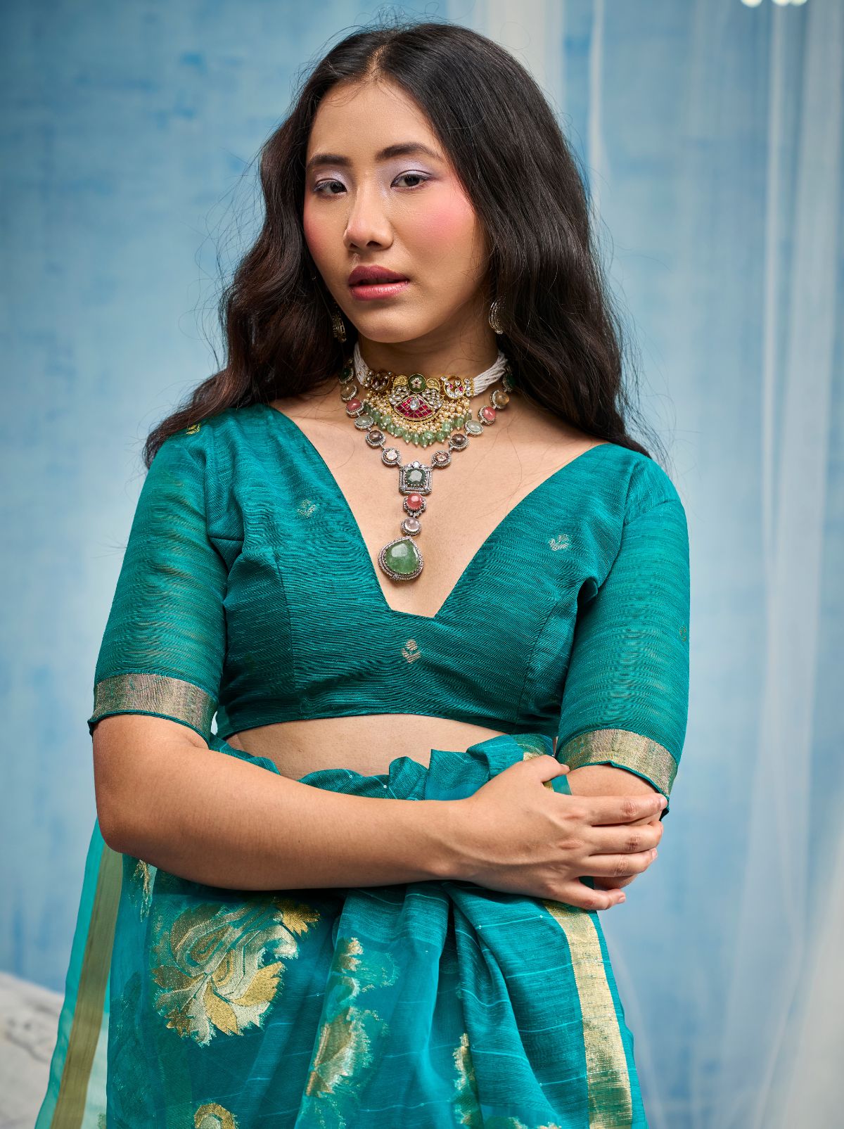 Teal Blue Premium Munga Silk Ethnic Saree With Tassels