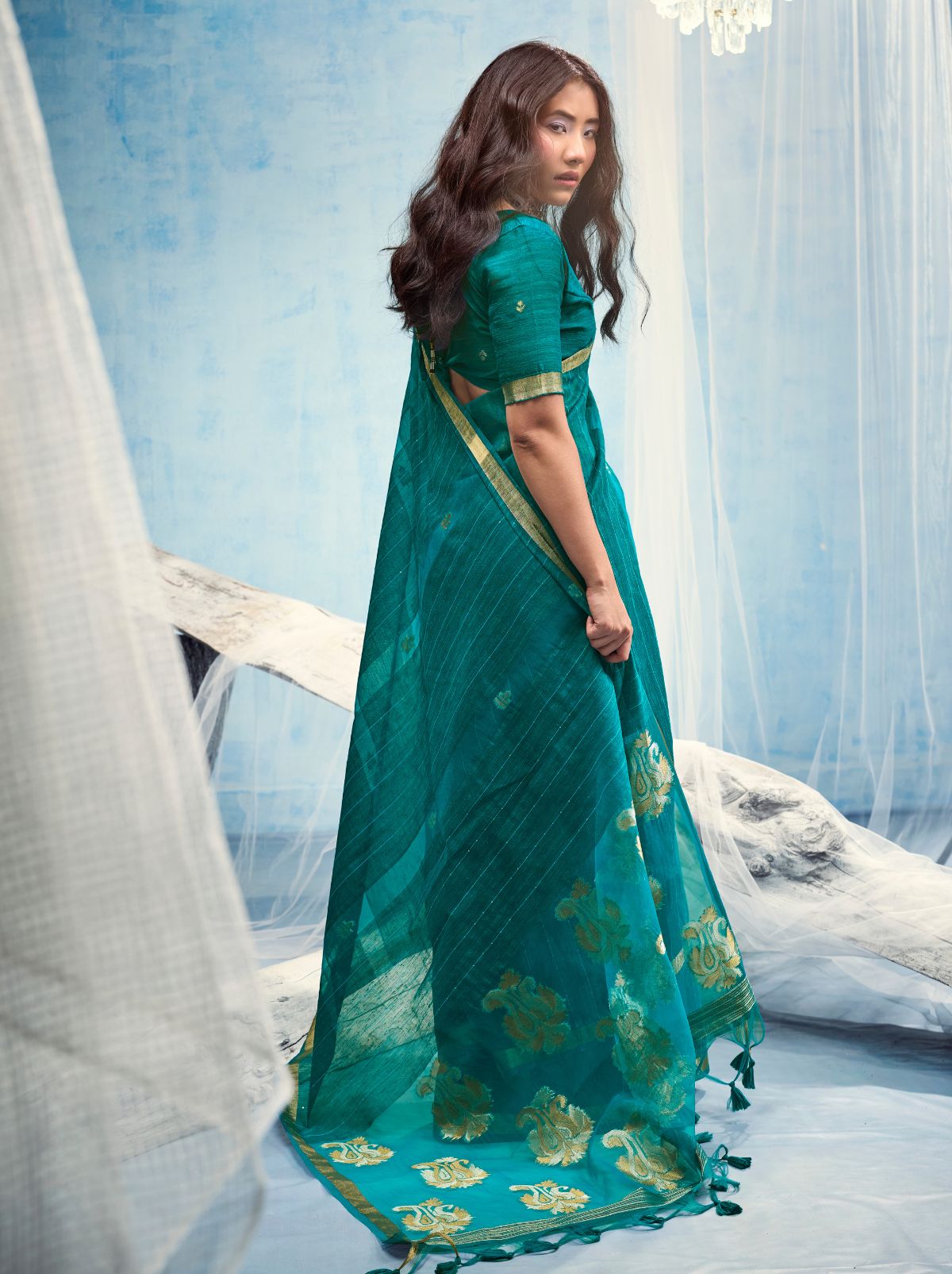 Teal Blue Premium Munga Silk Ethnic Saree With Tassels