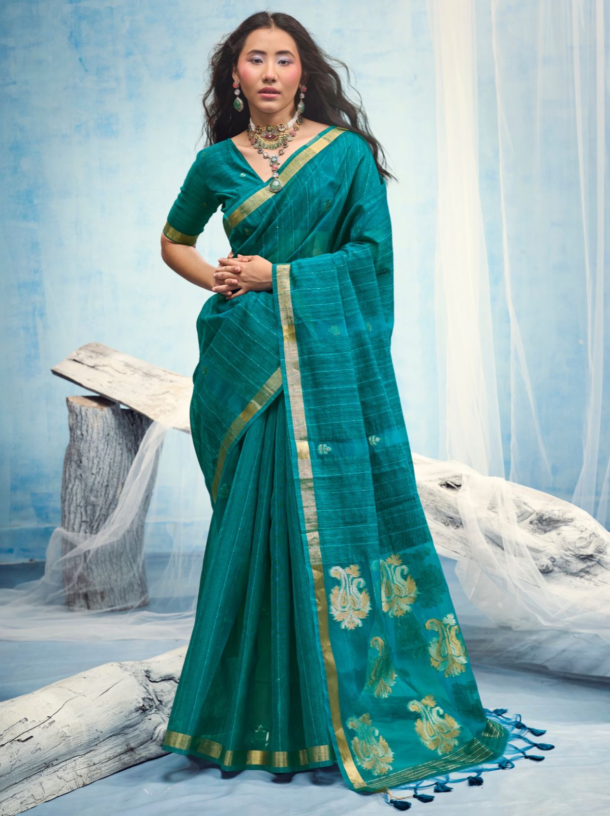 Teal Blue Premium Munga Silk Ethnic Saree With Tassels